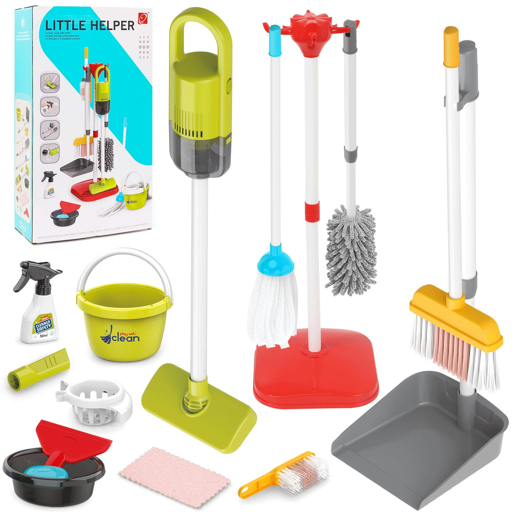 Kids Pretend Play Cleaning Toy Set with Electric Vacuum Cleaner Broom Dustpan Mop & Duster – Home Cleaning Playset for Toddlers Boys & Girls Birthday Gift
