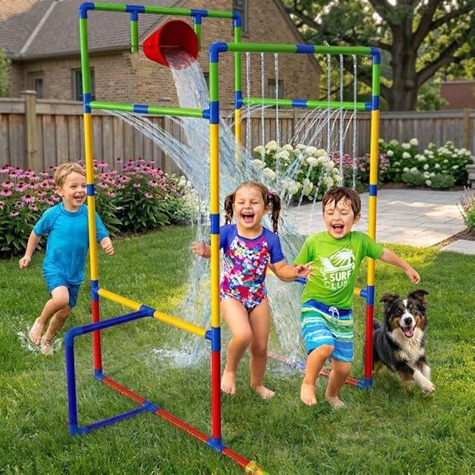 Backyard Waterpark Sprinkler Toy for Kids with Dump Buckets Spinning Splash Wheel Built-In Sprinkler Sturdy Frame Outdoor Summer Water Play Gift for Boys Girls