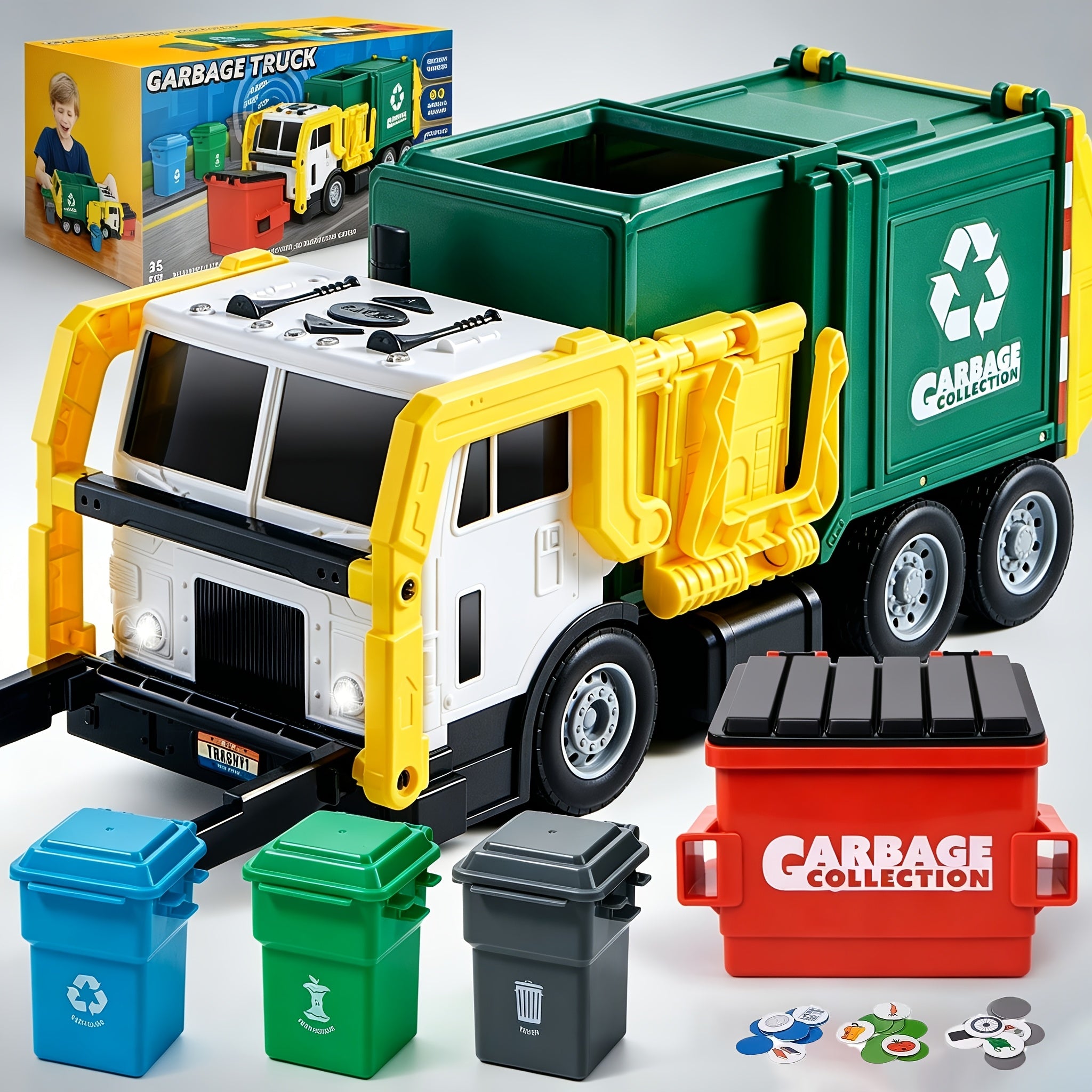 Garbage Truck Toy with Lights & Sounds – 16" Large Friction Powered Truck, Dumpster & Trash Bins, Garbage Sorting Learning Cards, Front-Load Dump Action, Birthday Gift for Kids Ages 3+