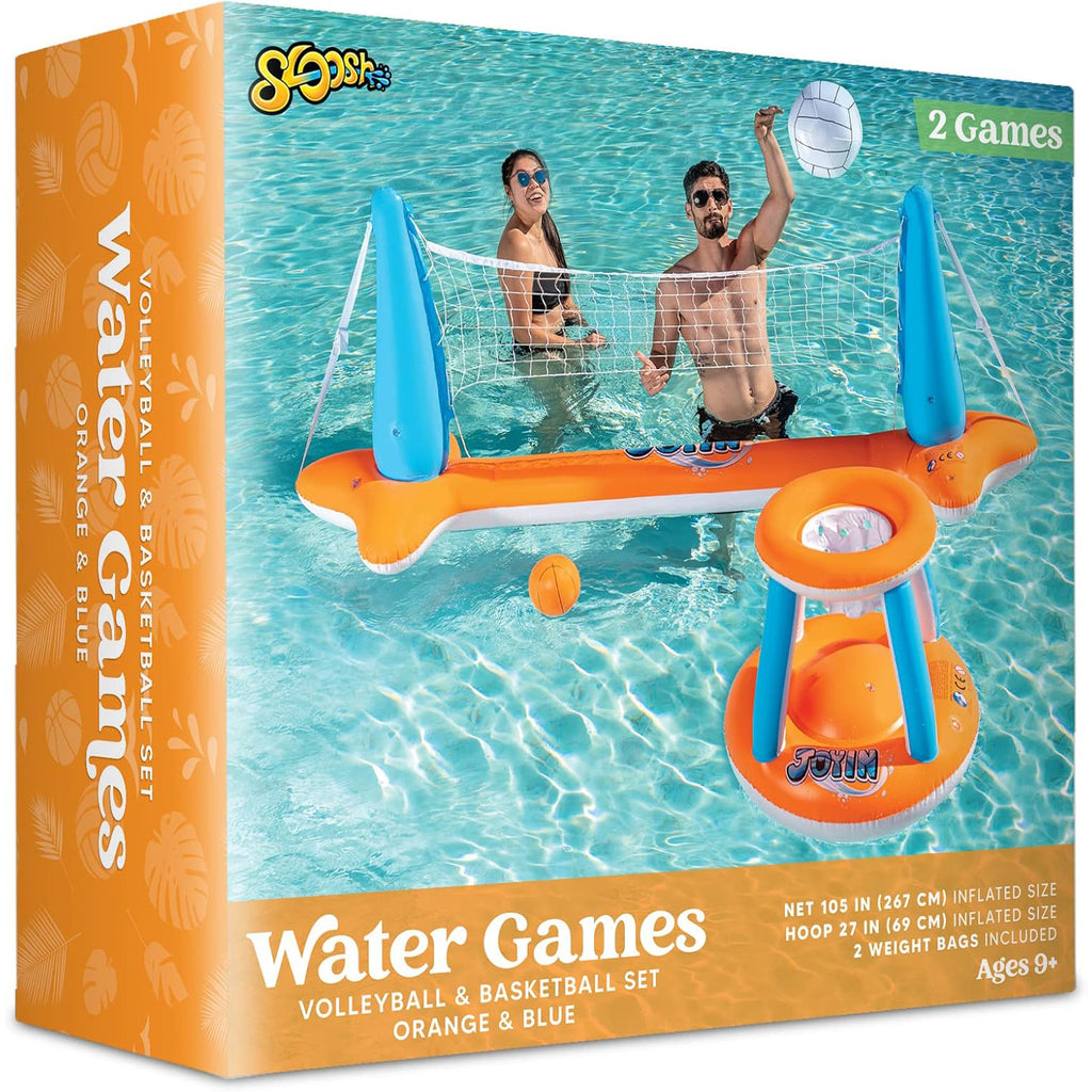 Inflatable Pool Float Set Volleyball Net & Basketball Hoops Swimming Pool Games for Kids Adults Summer Party Floaties Outdoor Water Sports Toy Orange