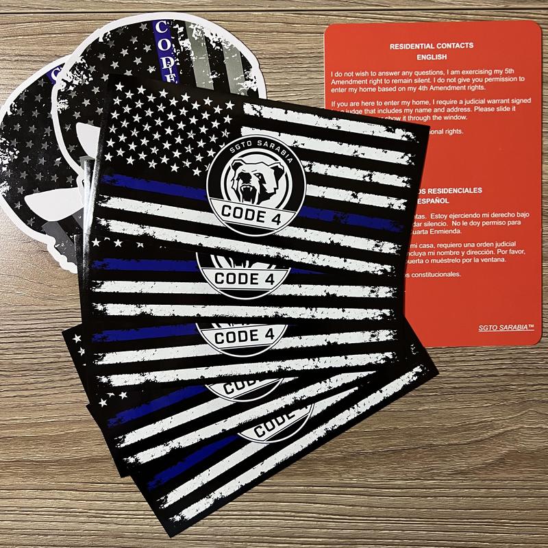 Thin Blue Line Decal Bundle by SGTO SARABIA, 5 American Flag Stickers and 2 Skull Decals, Waterproof UV-Resistant Vinyl with Free Bilingual Red Card