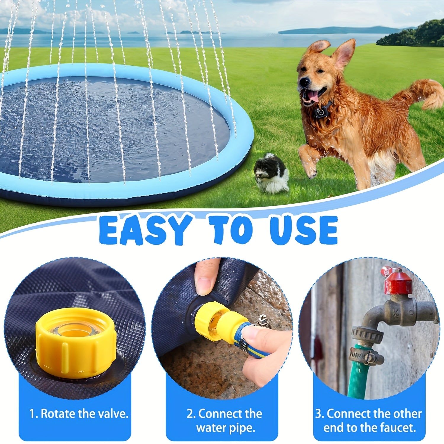 Splash Pad for Large Dogs – Extra Thick 0.6mm Non-Slip Dog Sprinkler Pool & Cooling Mat, Heavy Duty Outdoor Summer Water Play Fountain for Jumbo Breeds