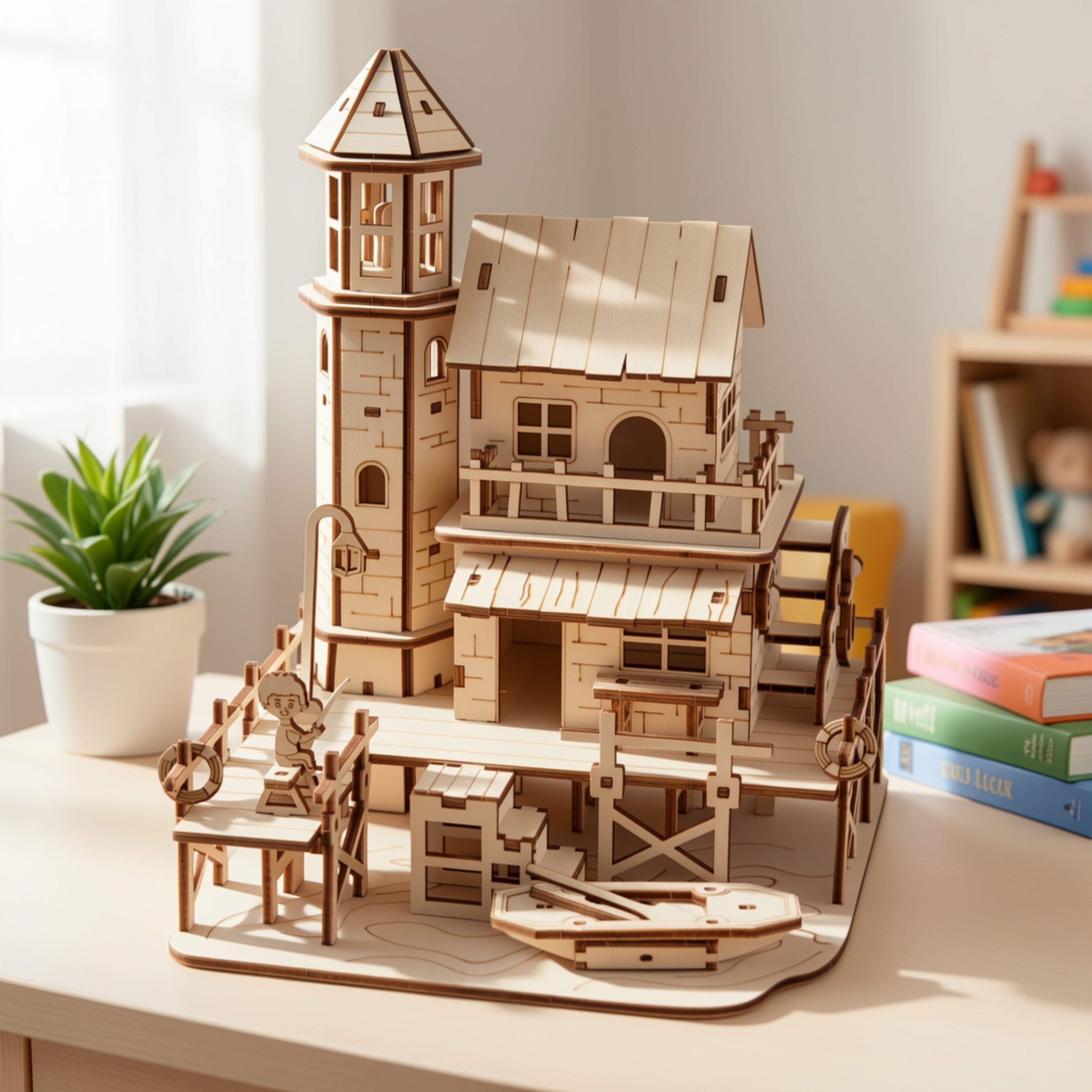 Wooden 3D Puzzle Model Kit Fisherman's Cabin - Handmade Wood Assembly Building Set for Adults & Kids, STEM Craft Gift