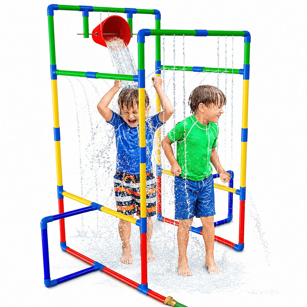 Backyard Waterpark Sprinkler Toy for Kids with Dump Buckets Spinning Splash Wheel Built-In Sprinkler Sturdy Frame Outdoor Summer Water Play Gift for Boys Girls