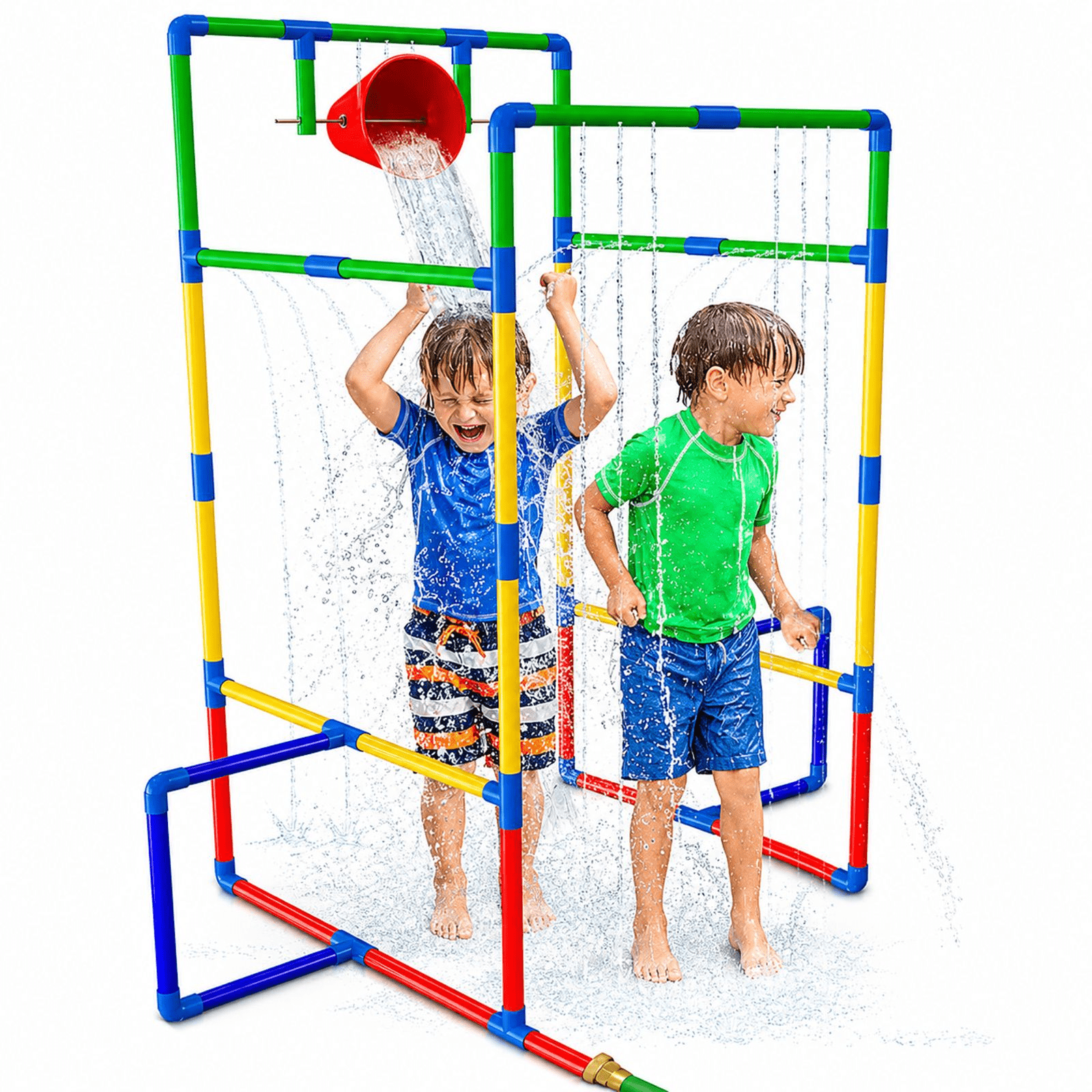 Backyard Waterpark Sprinkler Toy for Kids with Dump Buckets Spinning Splash Wheel Built-In Sprinkler Sturdy Frame Outdoor Summer Water Play Gift for Boys Girls