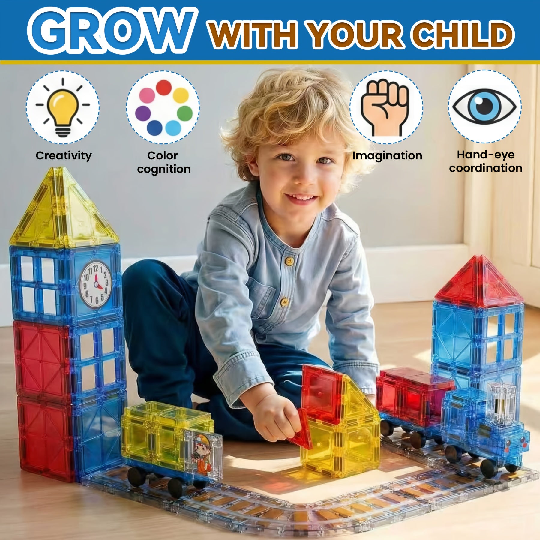 Magnetic Train Station Building Set 60pcs with Railway Tracks Train Clock Tower Trees STEM Educational Toy for Toddlers Kids Ages 3 4 5 6 - Gift