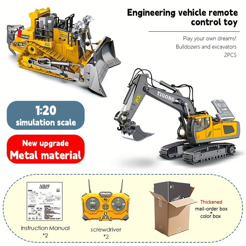 Remote Control Excavator Toy Metal Shovel LED Light 1200mAh RC Construction Truck Set Loader Garbage Truck Combo Boys Kids Ages 6+ Birthday Christmas Gift