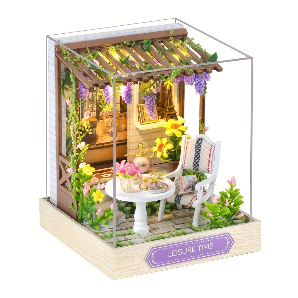 DIY Wooden Dollhouse Kit with Dust Cover – Handmade Miniature Puzzle Tiny House with Furniture for Teens Adults Christmas Birthday Gift