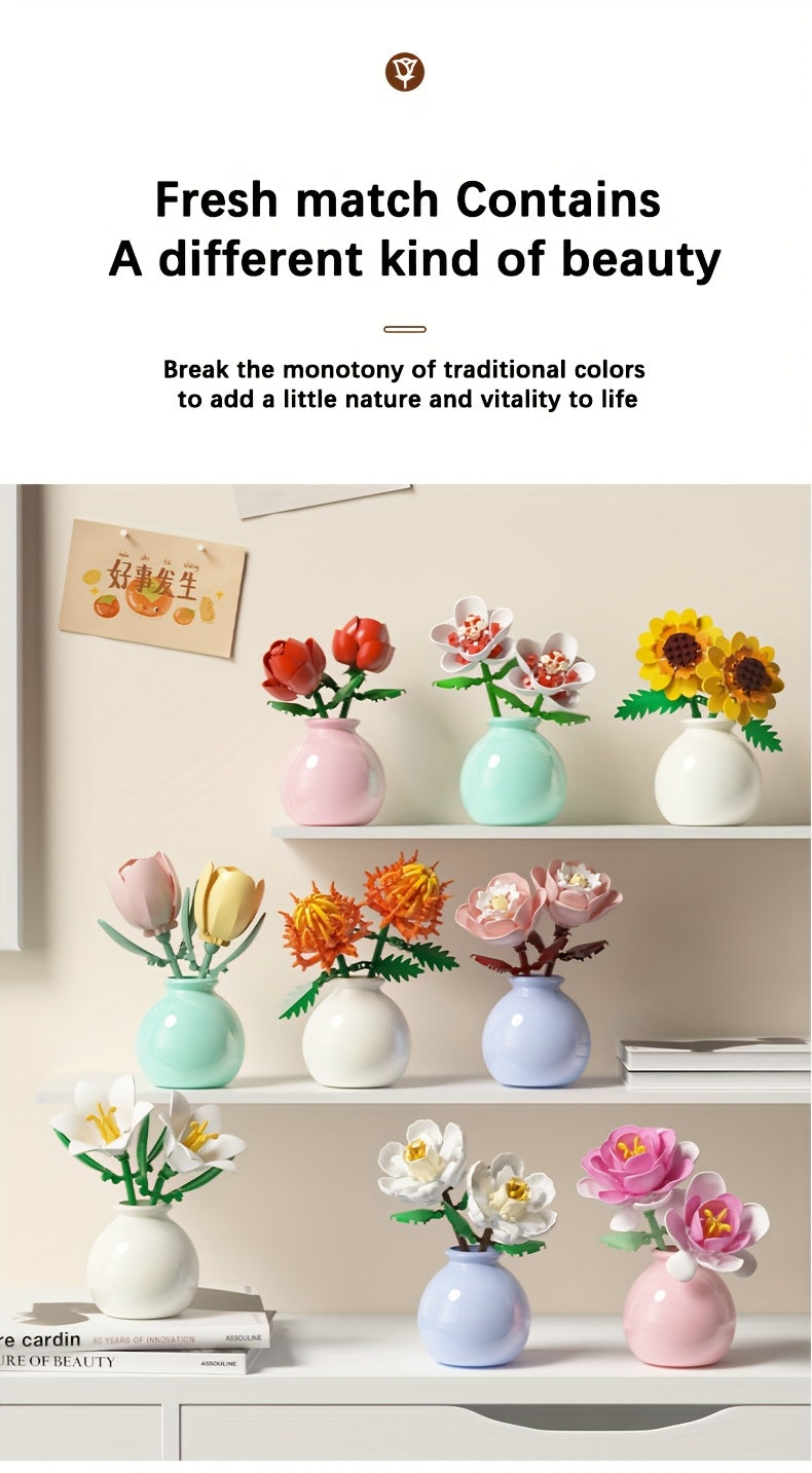Flower Bouquet Mini Building Blocks 120pcs DIY Set - Eternal Green Plant Desk Decoration, Stress Relief Creative Toy, Easter Birthday Gift for Kids