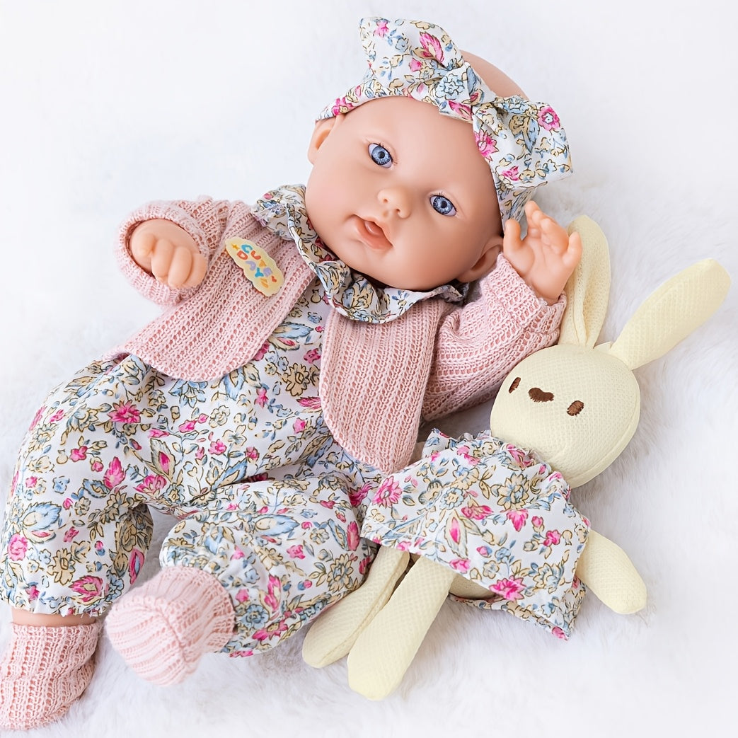 12 Inch Dress-Up Baby Doll Set with Floral Clothes Headscarf Socks & Toy Rabbit – Vinyl Girl Doll Playset for Kids Ages 3+ Birthday Christmas Gift (Beige & Pink)