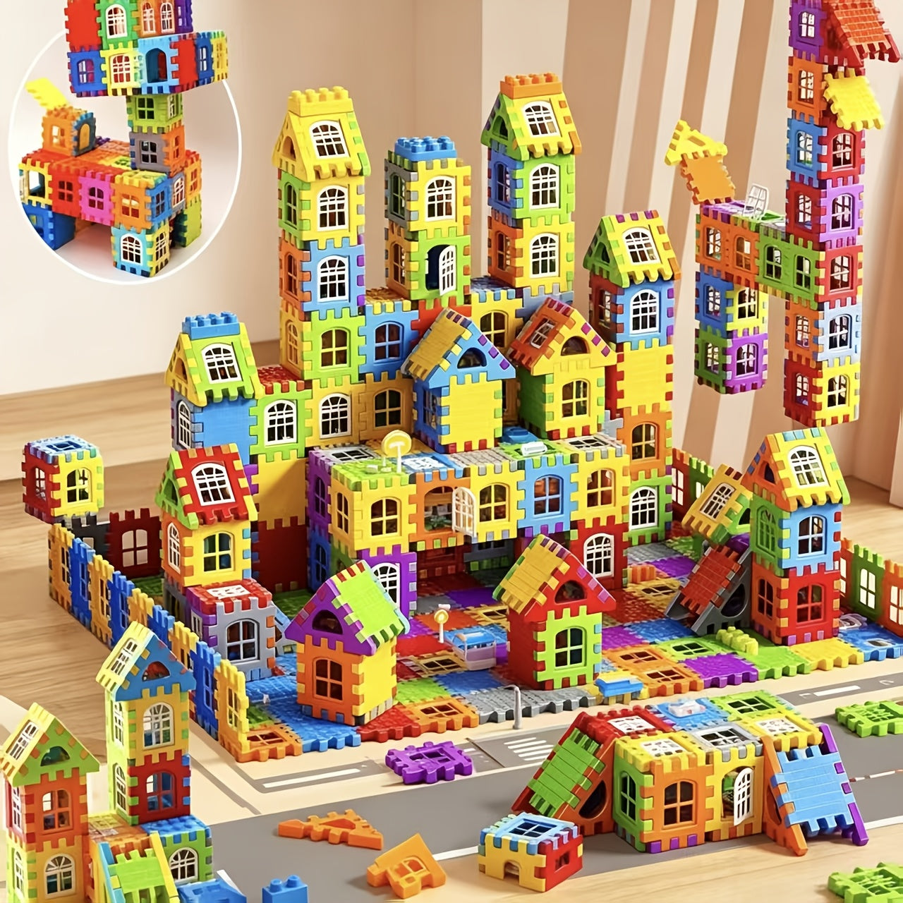 140pcs House Building Blocks Set STEM Colorful Interlocking Bricks with Window Roof Pieces Preschool Construction Toy for Boys Girls Ages 3+ Birthday Christmas Gift