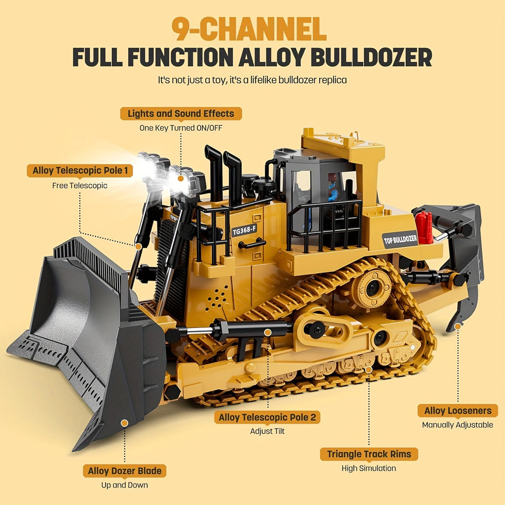 RC Construction Vehicle Toy 9-Channel 2.4GHz Alloy Metal Bulldozer Excavator Loader with Lights Sound Rechargeable – Kids Halloween Christmas Birthday Gift Boys Girls