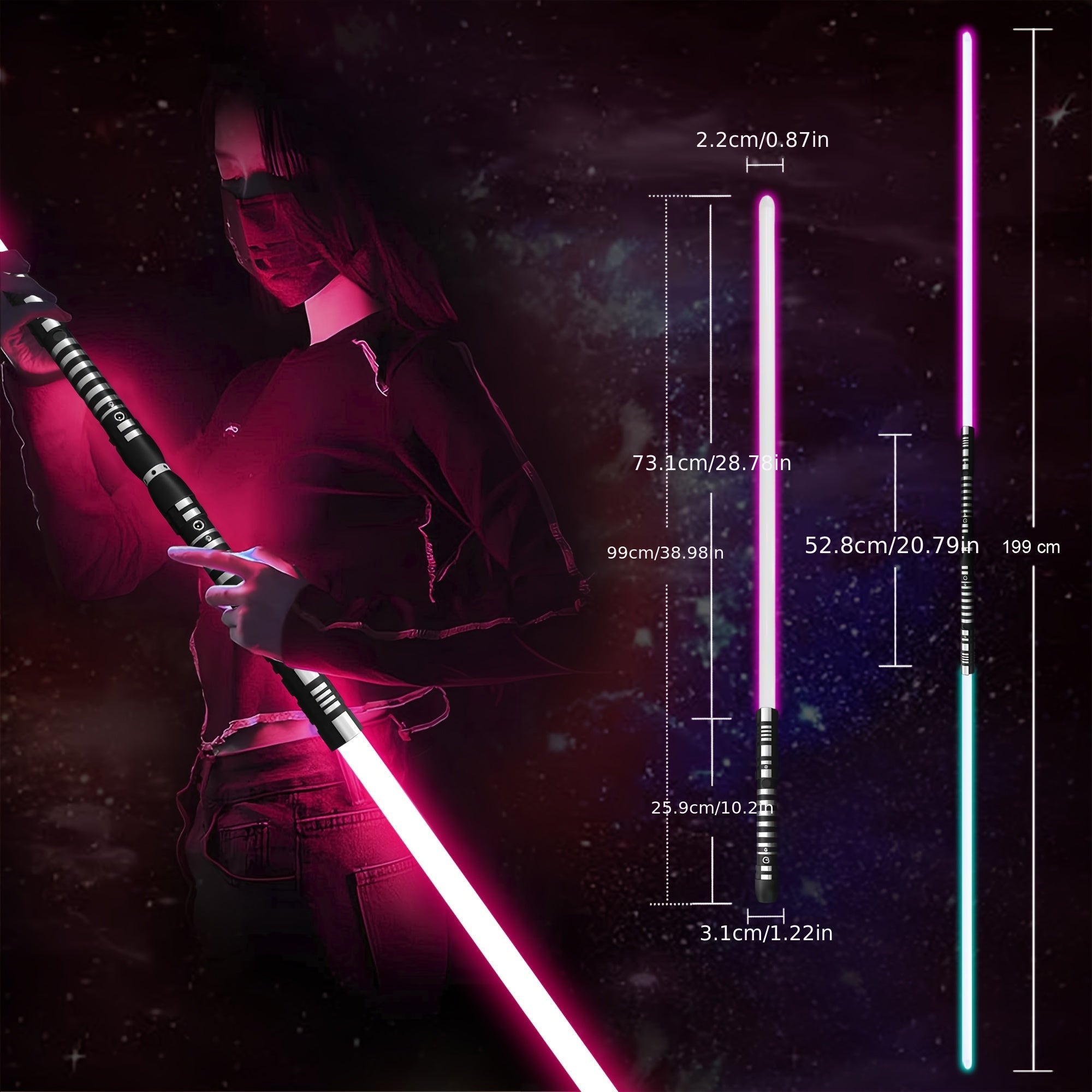 78 Inch Dueling Saber 2-in-1 Light Up Sword 16 Color Lights 3 Movie Sound Effects Mute Double Player Halloween Cosplay Birthday Party Gift