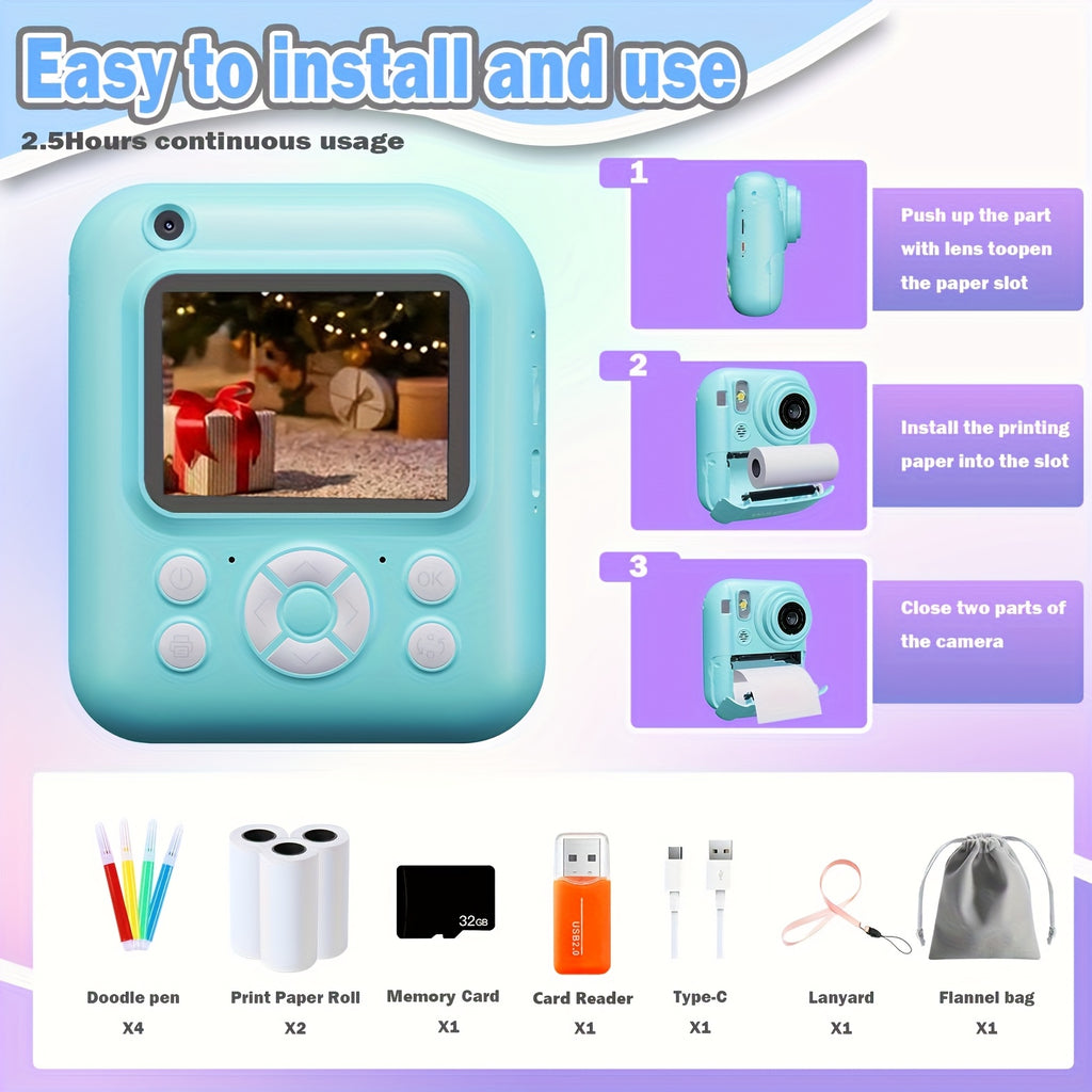 Kids Instant Print Camera 3-in-1 with MP3 Player & Puzzle Games - 2.4'' HD Screen Portable Digital Camera Toy with Print Paper 32GB Card Reader Lanyard Storage Bag Birthday Gift for Girls Boys