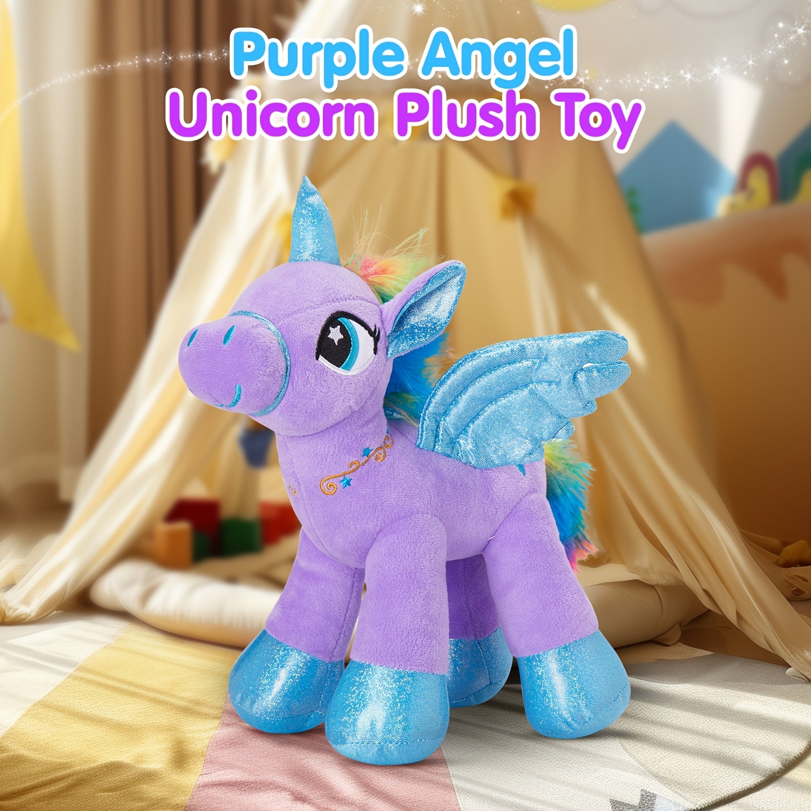 Glowing Unicorn Plush Toy 14 Inch – Purple Angel Unicorn Stuffed Animal with Flashing Night Light, Super Soft Hug Doll, Birthday Baby Shower Gift for Kids Girls, Princess Room Decor