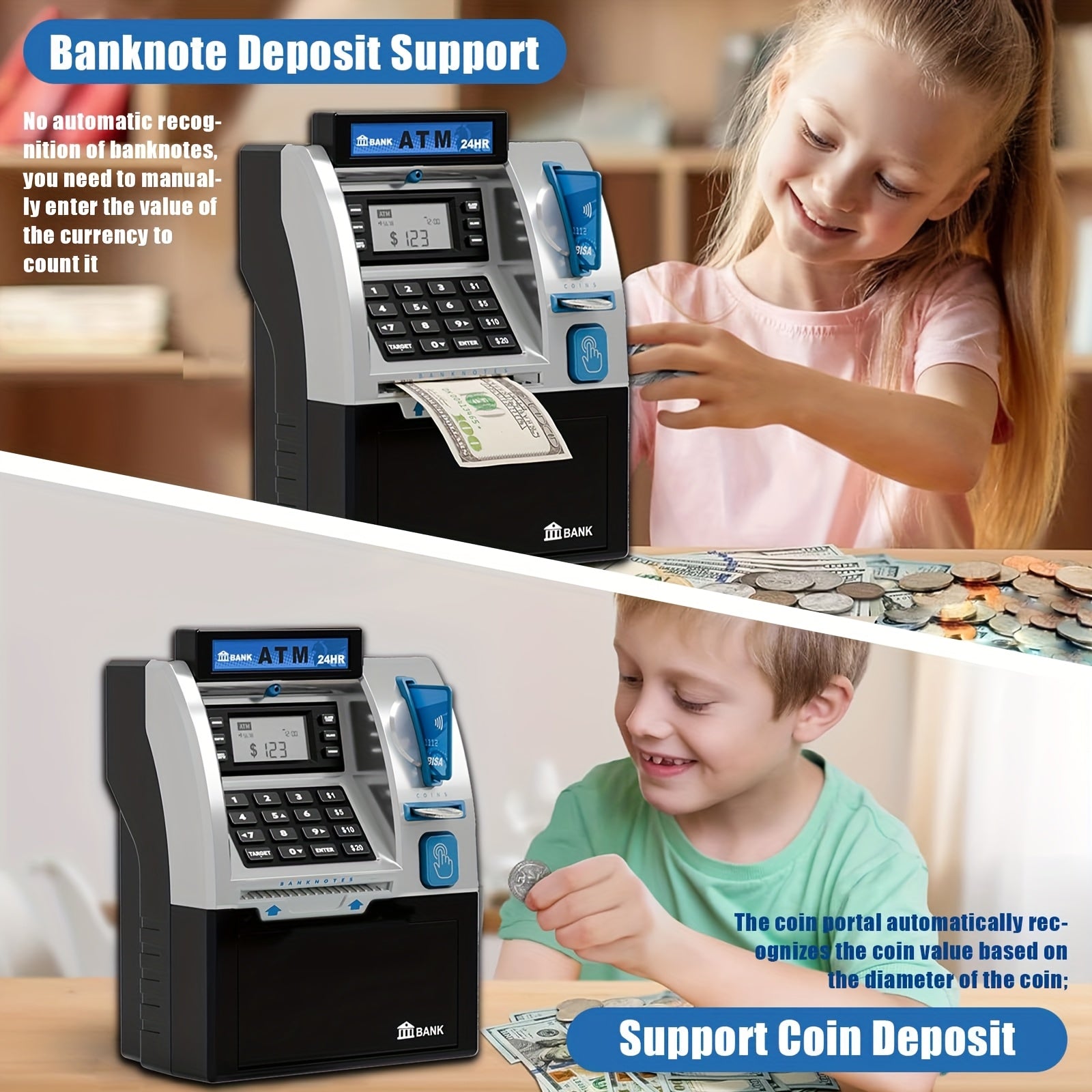 Kids Electronic ATM Piggy Bank with Password Lock – Coin & Banknote Savings Bank for Boys & Girls, Financial Education Toy, Birthday Christmas Holiday Gift Ages 5+