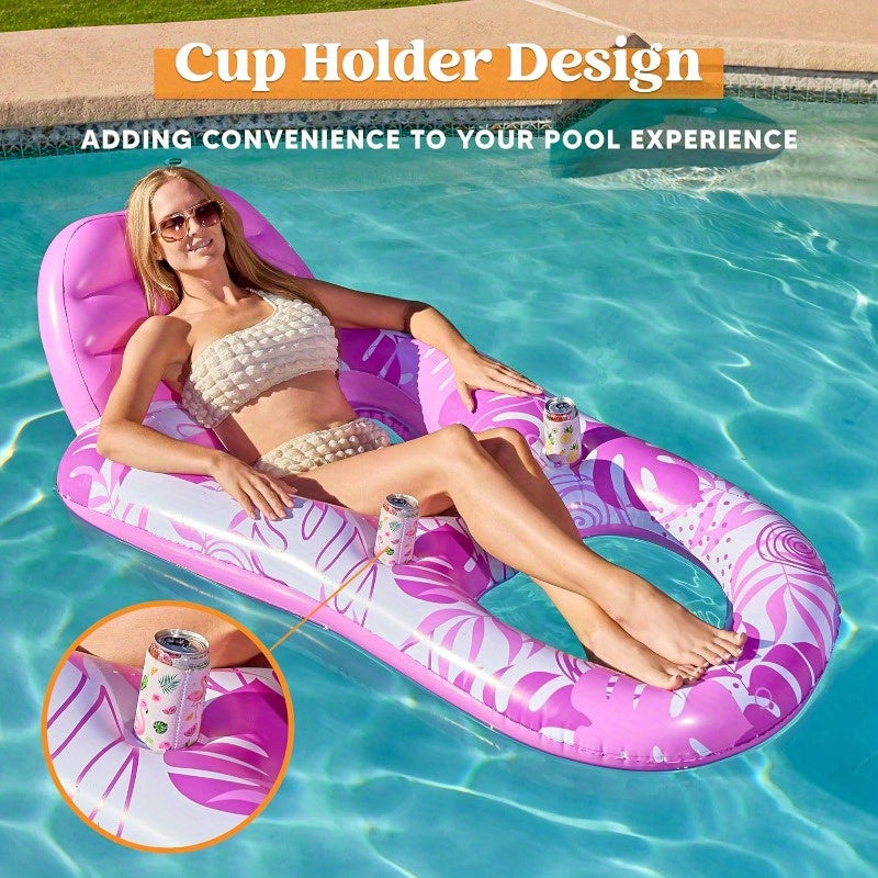 Inflatable Pool Float Lounger for Adults with Cup Holders & Footrest, Floating Recliner Chair Raft for Swimming Pool, Summer Water Party Relaxation Floaty