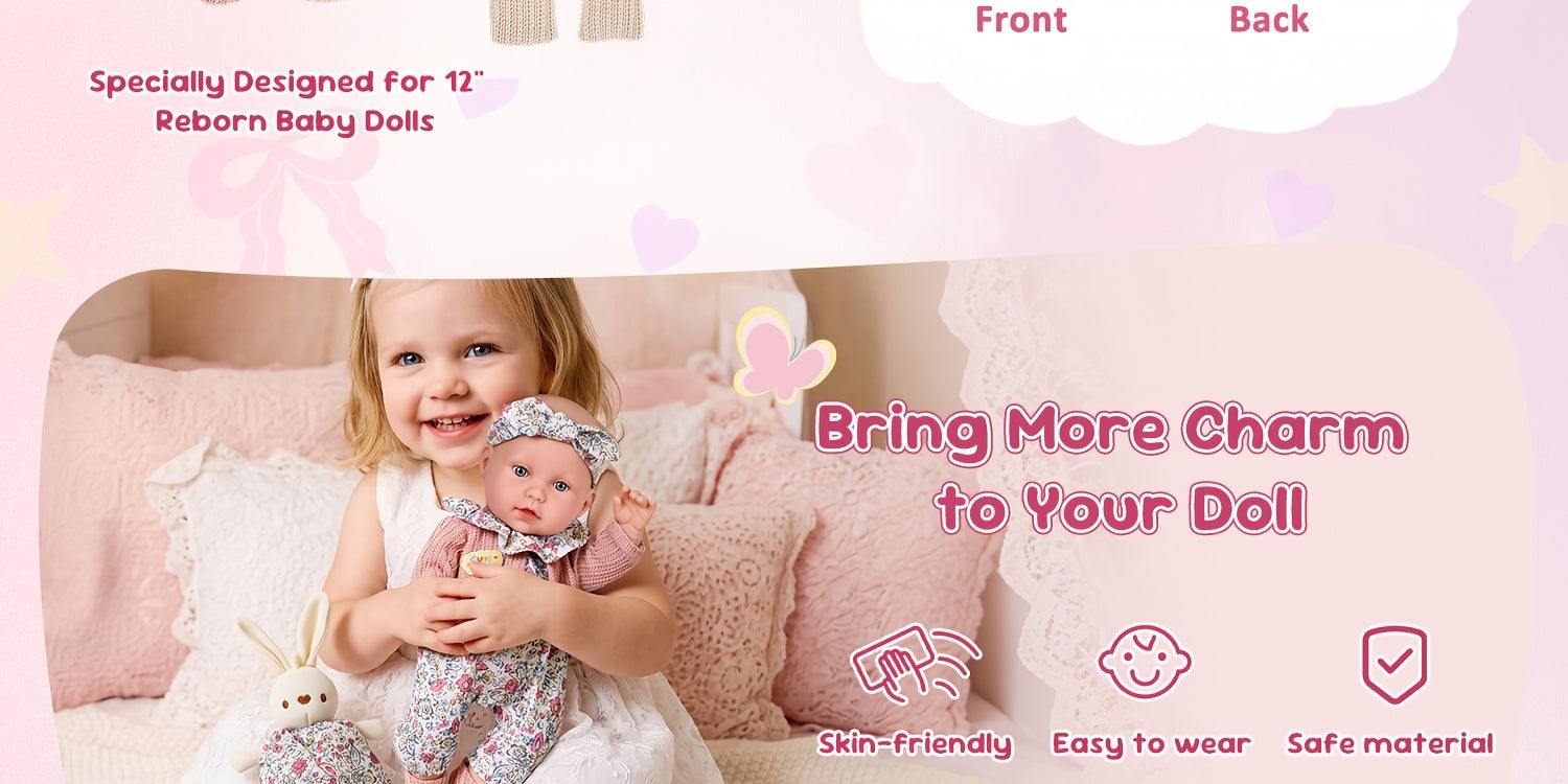 12 Inch Dress-Up Baby Doll Set with Floral Clothes Headscarf Socks & Toy Rabbit – Vinyl Girl Doll Playset for Kids Ages 3+ Birthday Christmas Gift (Beige & Pink)