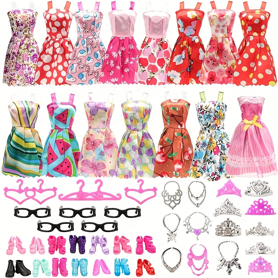 Doll Clothes & Accessories Set 42pcs for 11 Inch Dolls – 10 Dresses 10 Shoes 6 Necklaces 6 Crowns 5 Glasses & Hangers Fashion Wardrobe Gift for Girls Birthday Christmas