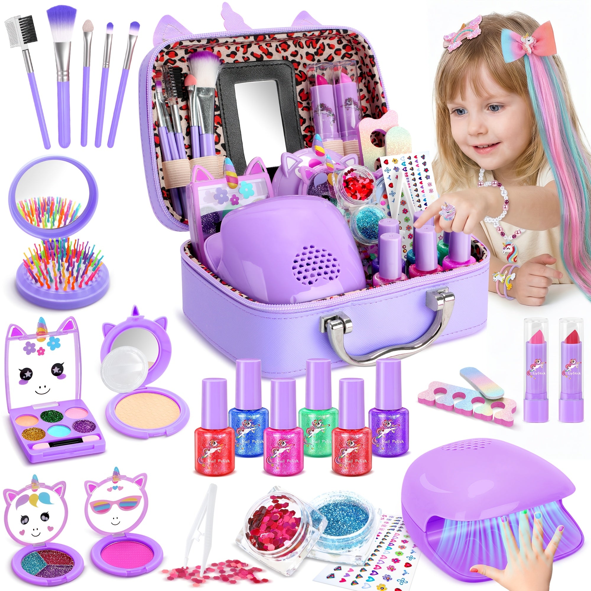 Kids Makeup Set for Girls – Non-Toxic Washable Pretend Cosmetic Kit with Nail Polish, Jewelry & Hair Accessories, Princess Dress-Up Gift Ages 3-8