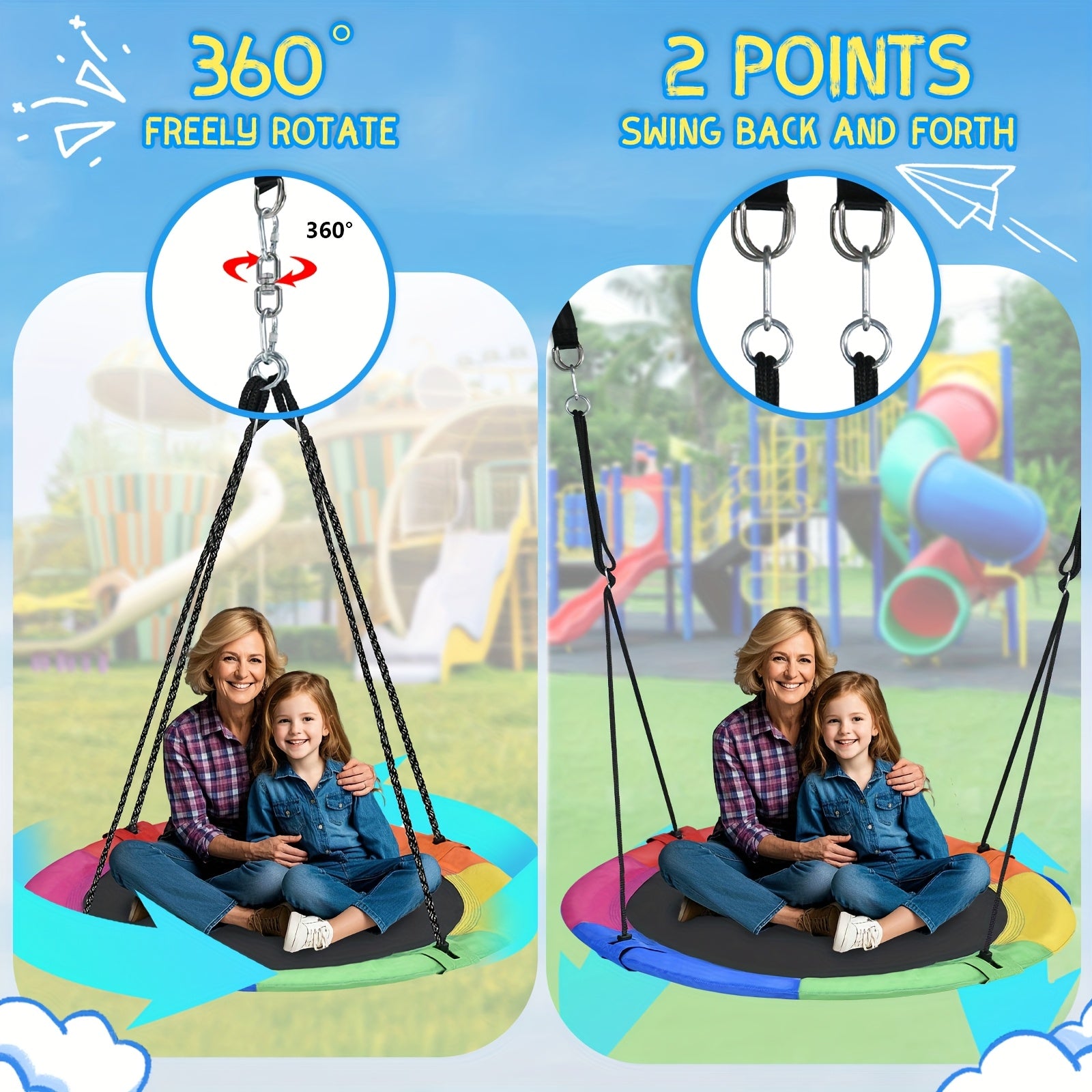 43" Large Saucer Swing for Kids, 360° Rotating Spinner Swing with Swivel, Adjustable Ropes & Hanging Straps, Outdoor Tree or Swing Set Accessory, Durable Round Disc Swing for Playground Backyard, Birthday Gift