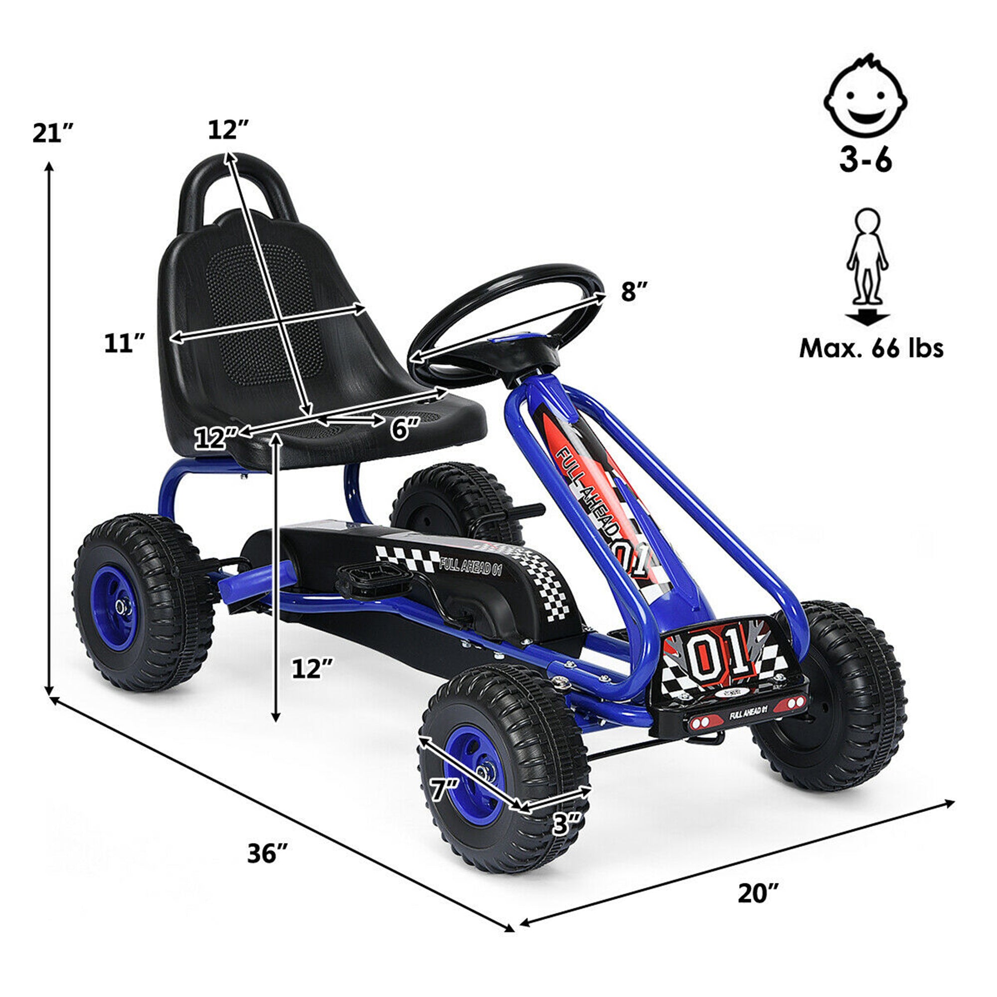 Kids Pedal Go Kart 4-Wheel Ride On Car Adjustable Seat Handbrake Non-Slip Wheels No Battery Outdoor Racing Toy Boys Girls Ages 3 4 5 6 Birthday Christmas Gift