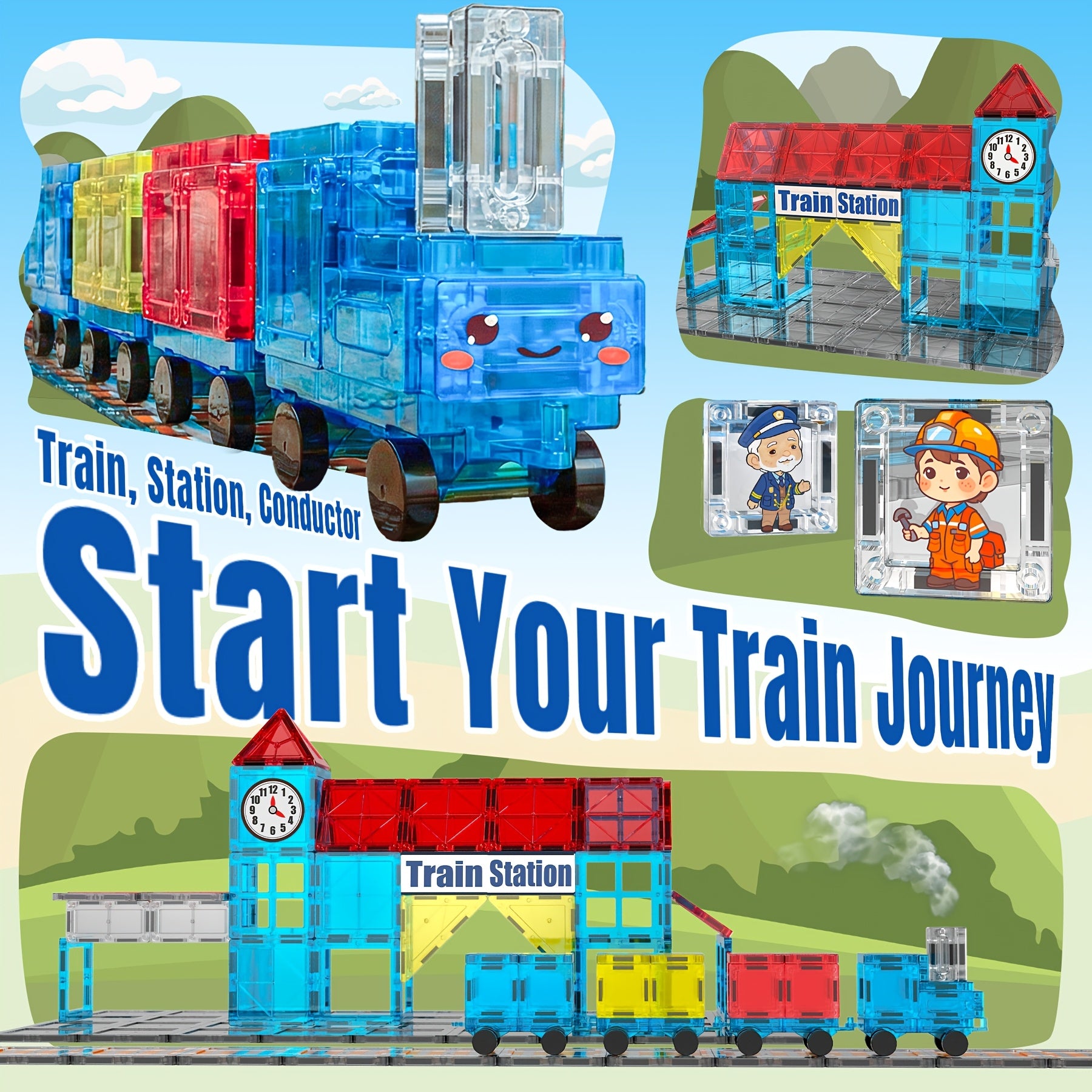 Magnetic Train Station Building Set 60pcs with Railway Tracks Train Clock Tower Trees STEM Educational Toy for Toddlers Kids Ages 3 4 5 6 - Gift