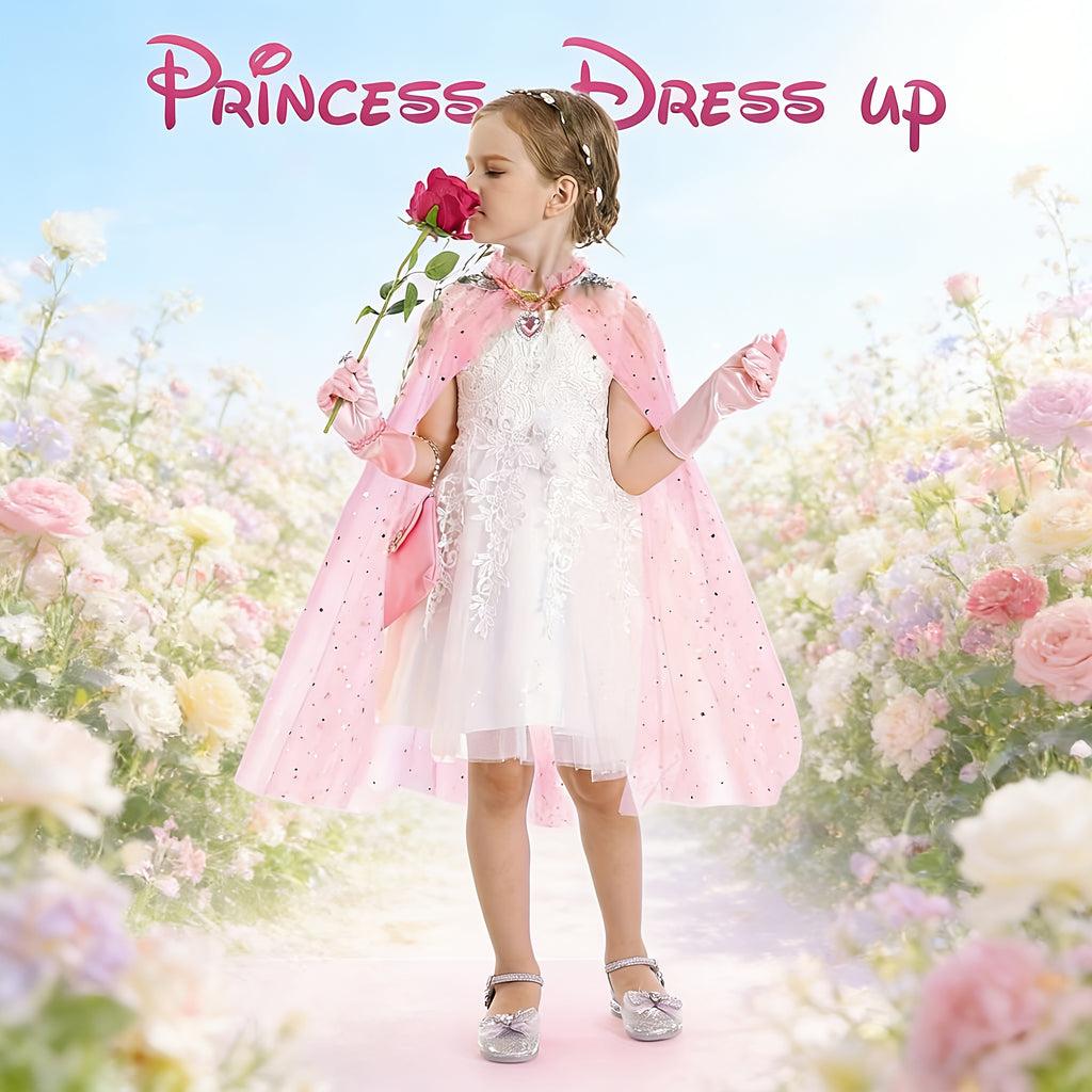 Princess Cape Dress Up Set 12pcs for Girls with Purse Gloves Tiara Jewelry Headband – Kids Costume Accessories for Birthday Halloween Christmas Cosplay Party Gift