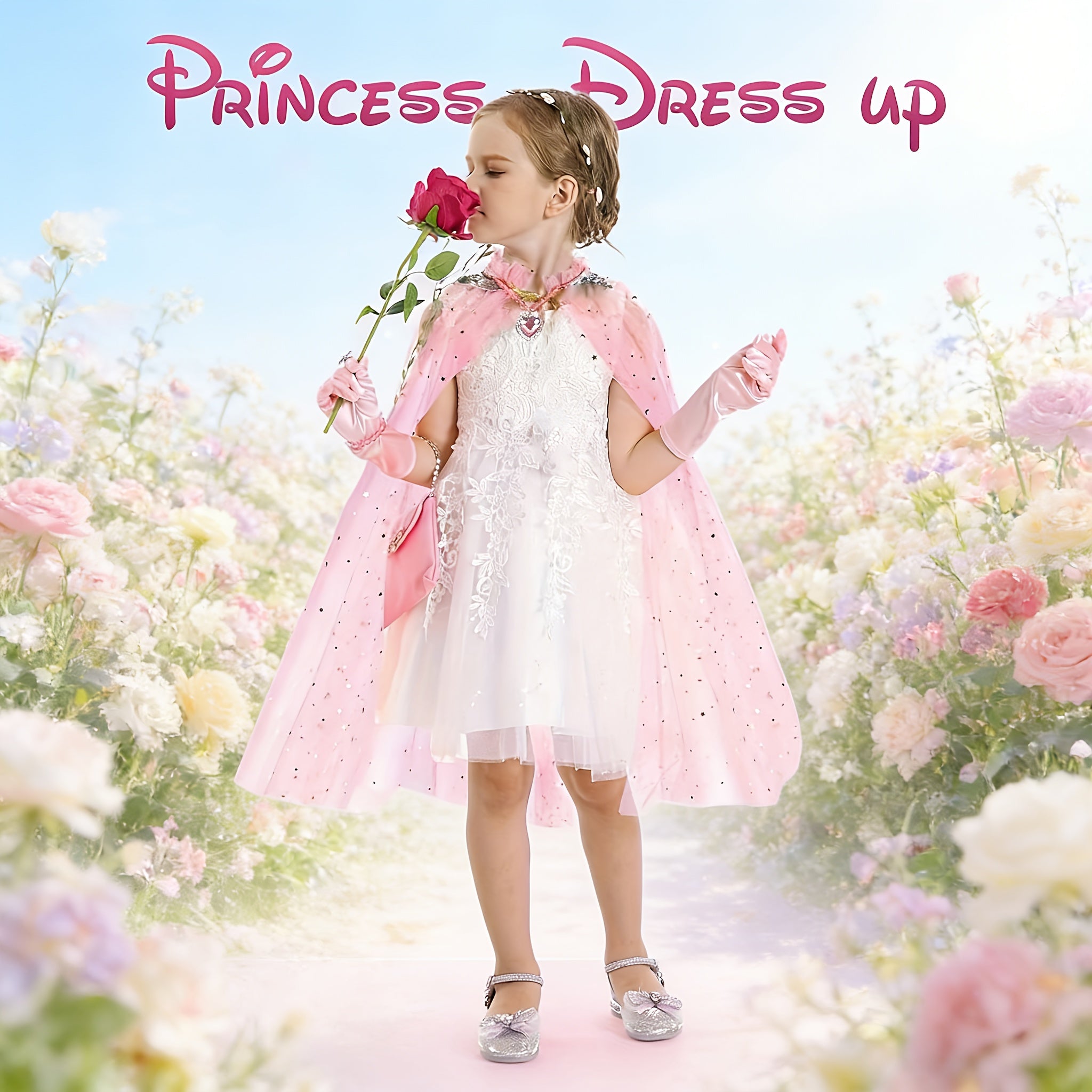 Princess Cape Dress Up Set 12pcs for Girls with Purse Gloves Tiara Jewelry Headband – Kids Costume Accessories for Birthday Halloween Christmas Cosplay Party Gift