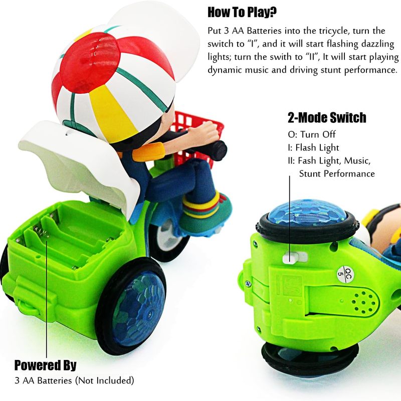 Toddler Electric Tricycle Toy Motorcycle with 360° Rotation & Luminous Lights – Push & Self-Power Kids Ride-On Stunt Vehicle, Birthday Christmas Gift for Boys Girls