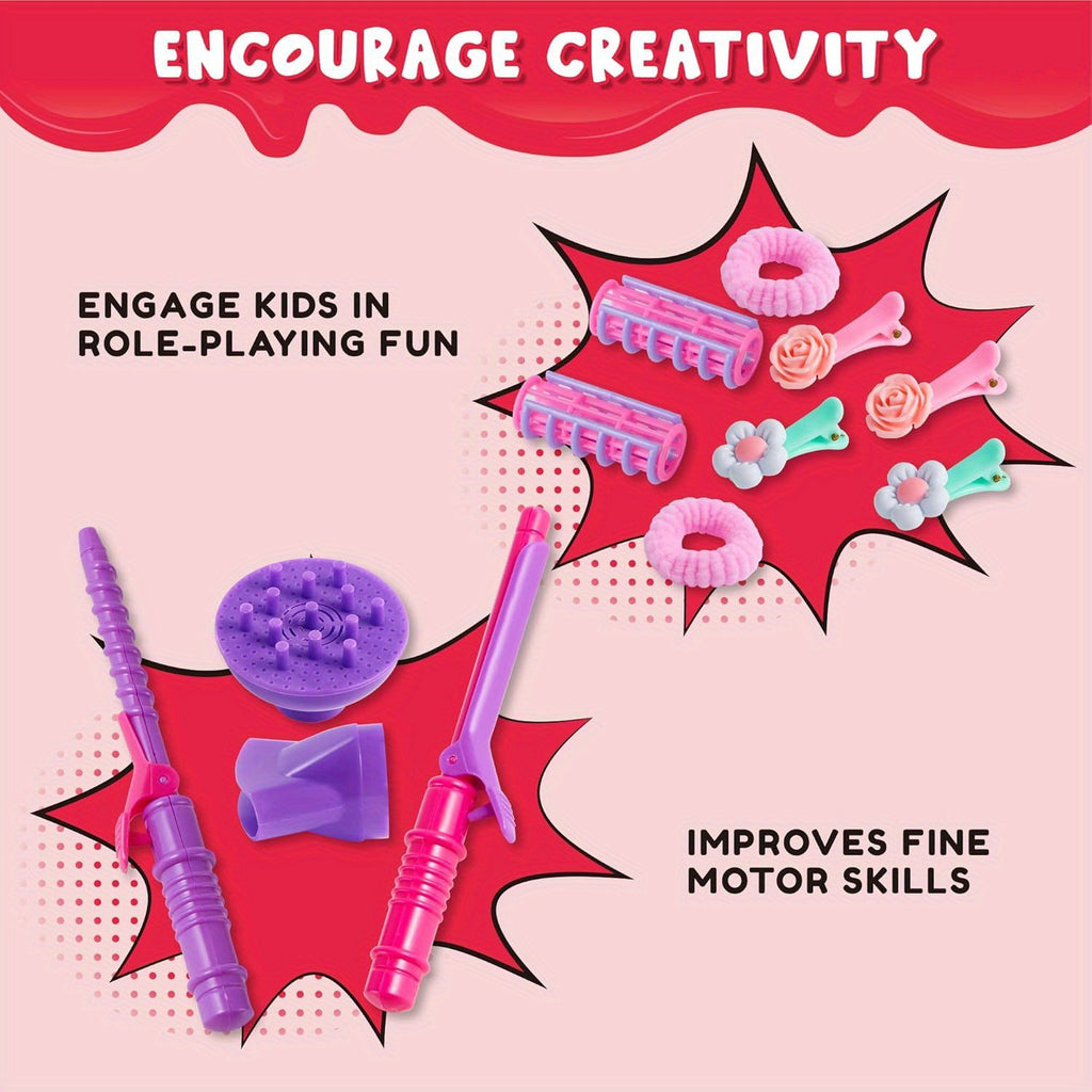 Girls Beauty Salon Set 17pcs Pretend Play Hair Stylist Toy Kit with Hairdryer Mirror Curling Iron Kids Ages 3+ Birthday Christmas Gift