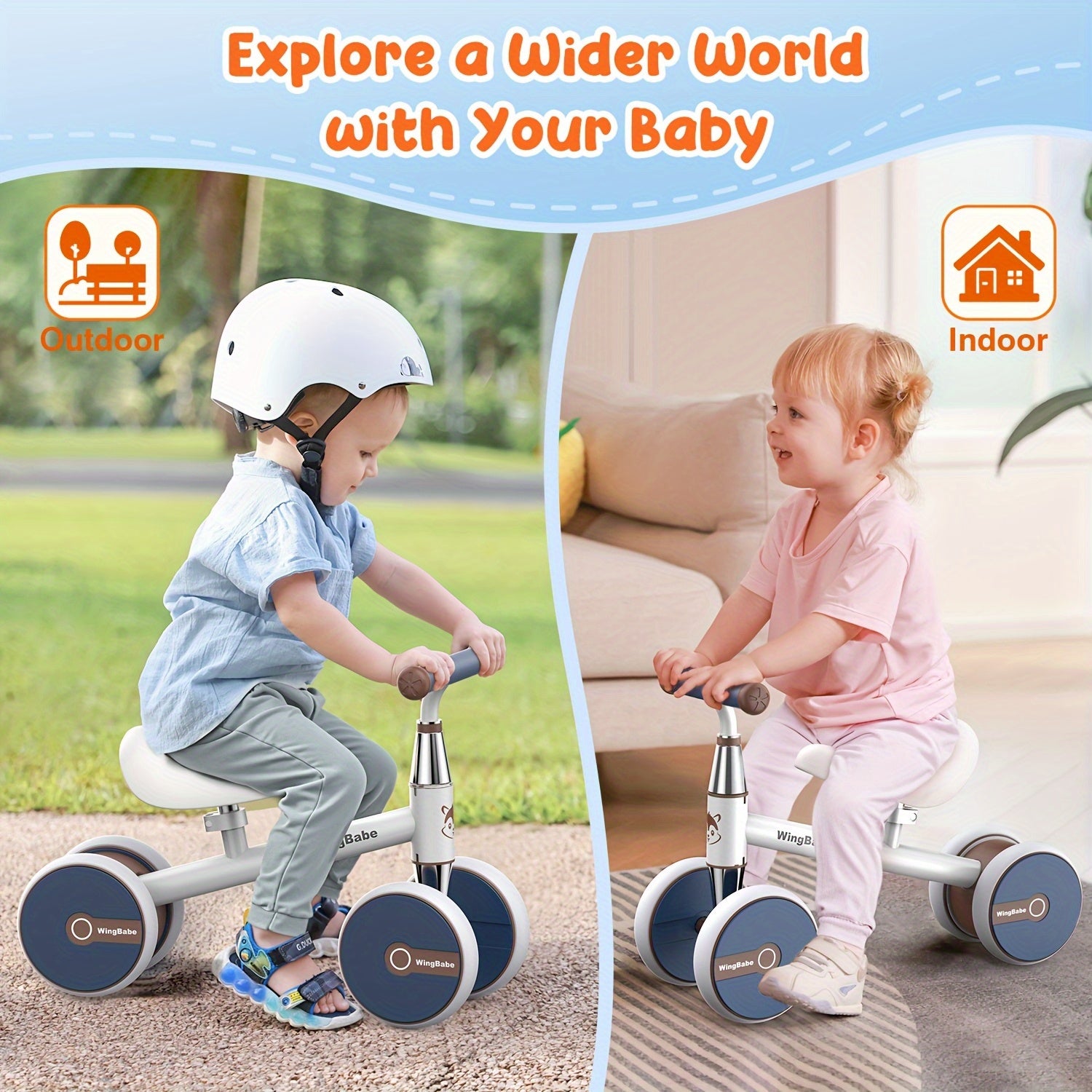 Baby Balance Bike for Toddlers 10-36 Months, 4 Wheel First Bike for Boys Girls with Adjustable Seat Silent TPE Tires 90° Safety Steering, Indoor Outdoor Ride-On Toy, 1st Birthday Christmas Gift