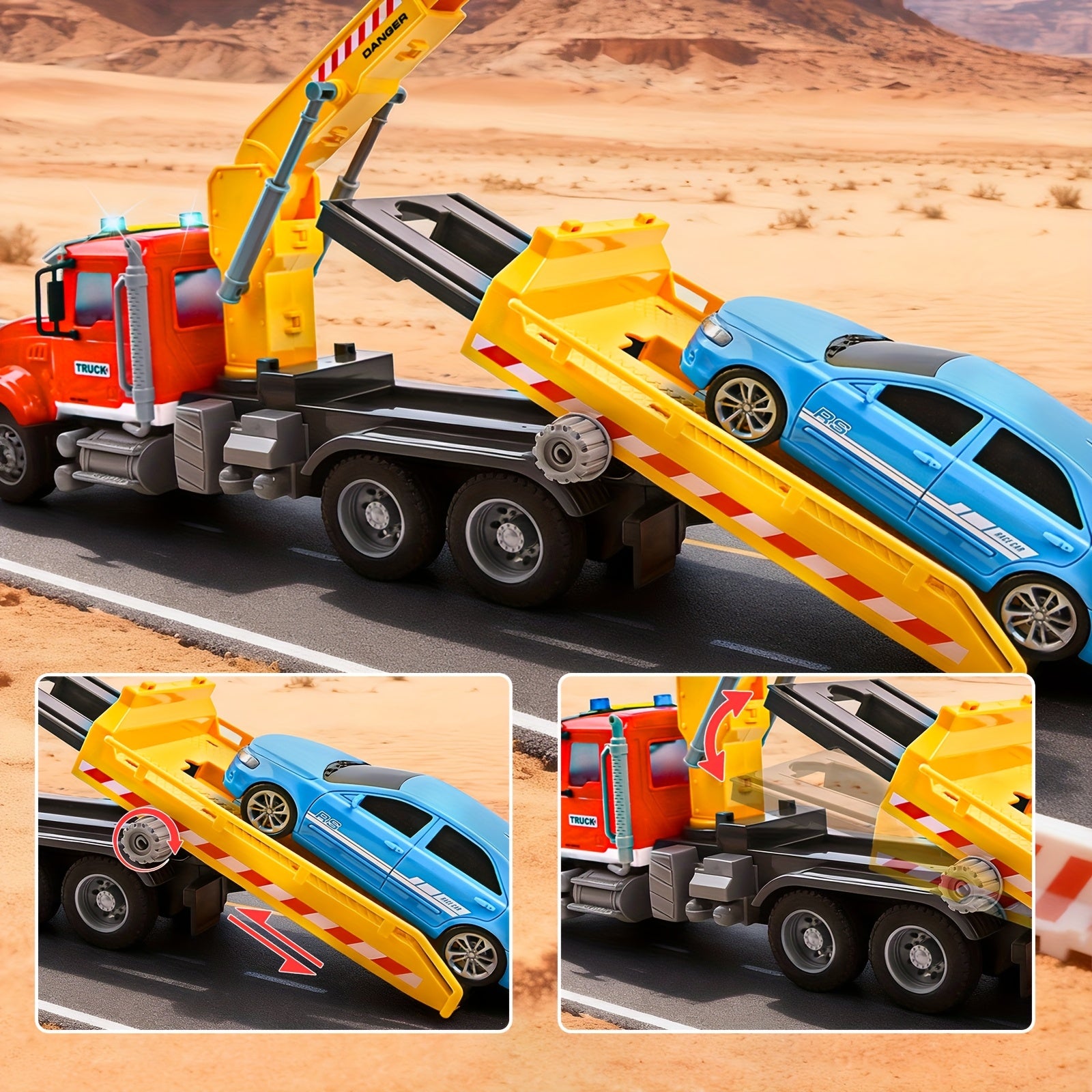 13-Inch Tow Truck Toy for Kids with Lights & Sounds – Friction Powered Transport Crane Truck with Movable Arm & Roadster, Birthday Gift for Boys Ages 3 4 5 6