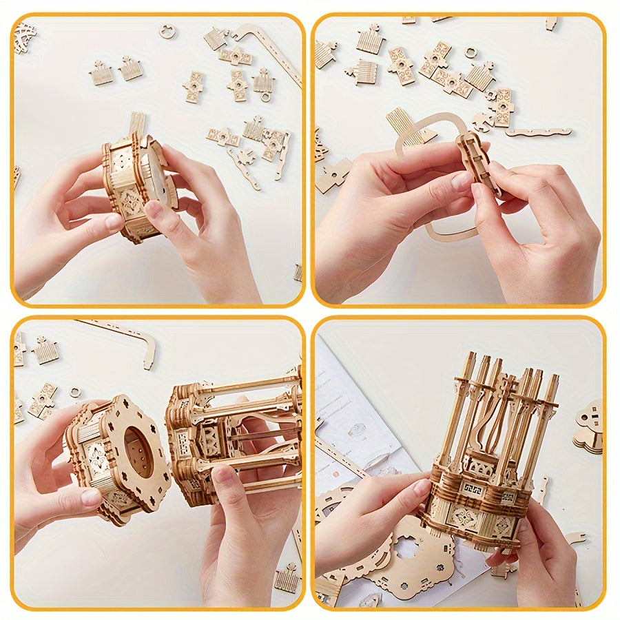 3D Wooden Puzzle Rotating Vintage LED Lantern Kit – Hands-On Building Activity, Mechanical Model, Desk Decor & Christmas Birthday Gift for Kids Adults
