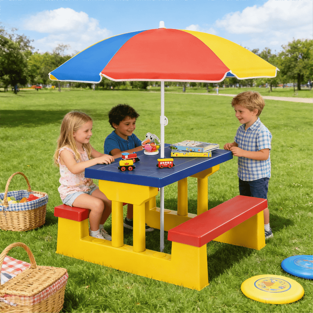 Kids Picnic Table with Umbrella and Bench Set, Seats 4 Children, 2-in-1 Indoor Outdoor Activity Table for Backyard Garden Patio, Safe PP Foldable Umbrella Kids Furniture, Birthday Holiday Gift Ages 2-6