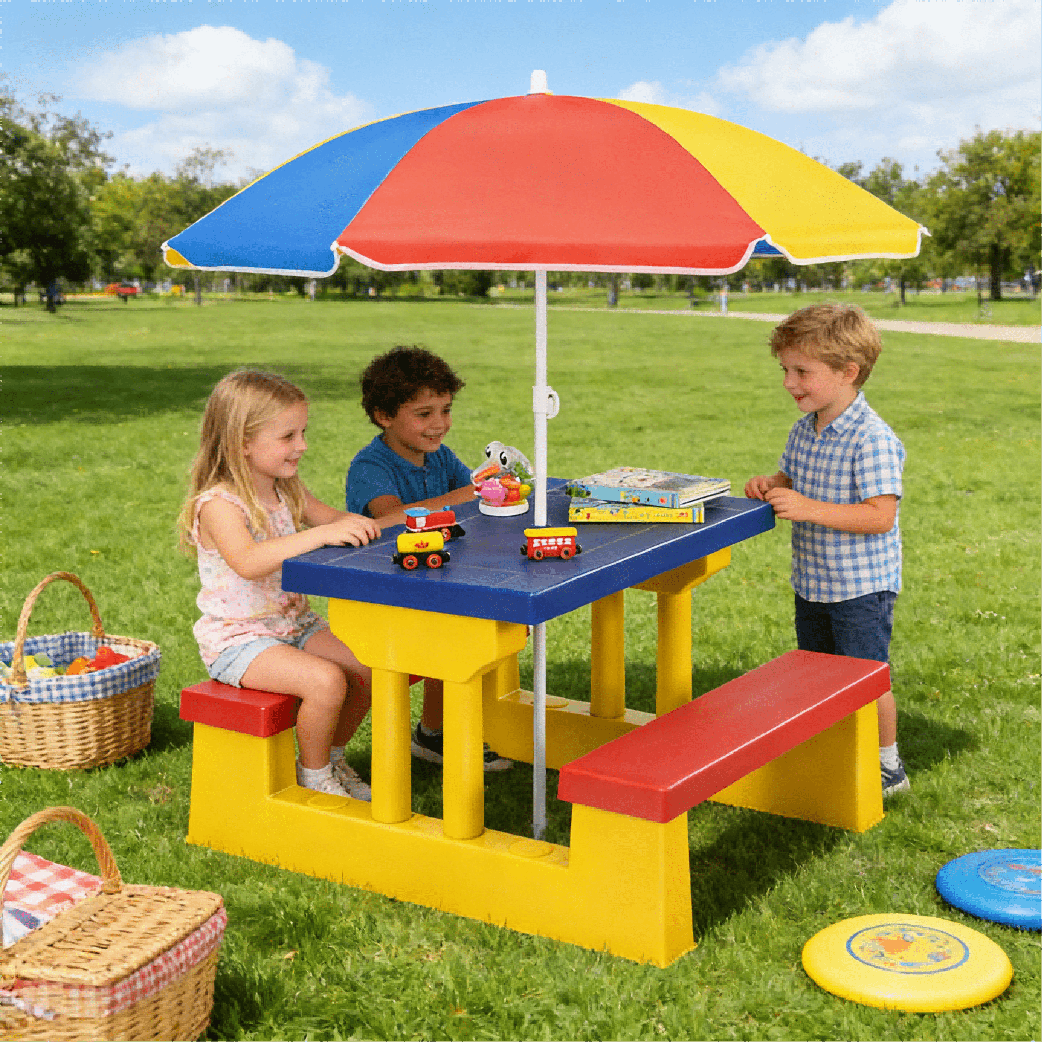 Kids Picnic Table with Umbrella and Bench Set, Seats 4 Children, 2-in-1 Indoor Outdoor Activity Table for Backyard Garden Patio, Safe PP Foldable Umbrella Kids Furniture, Birthday Holiday Gift Ages 2-6