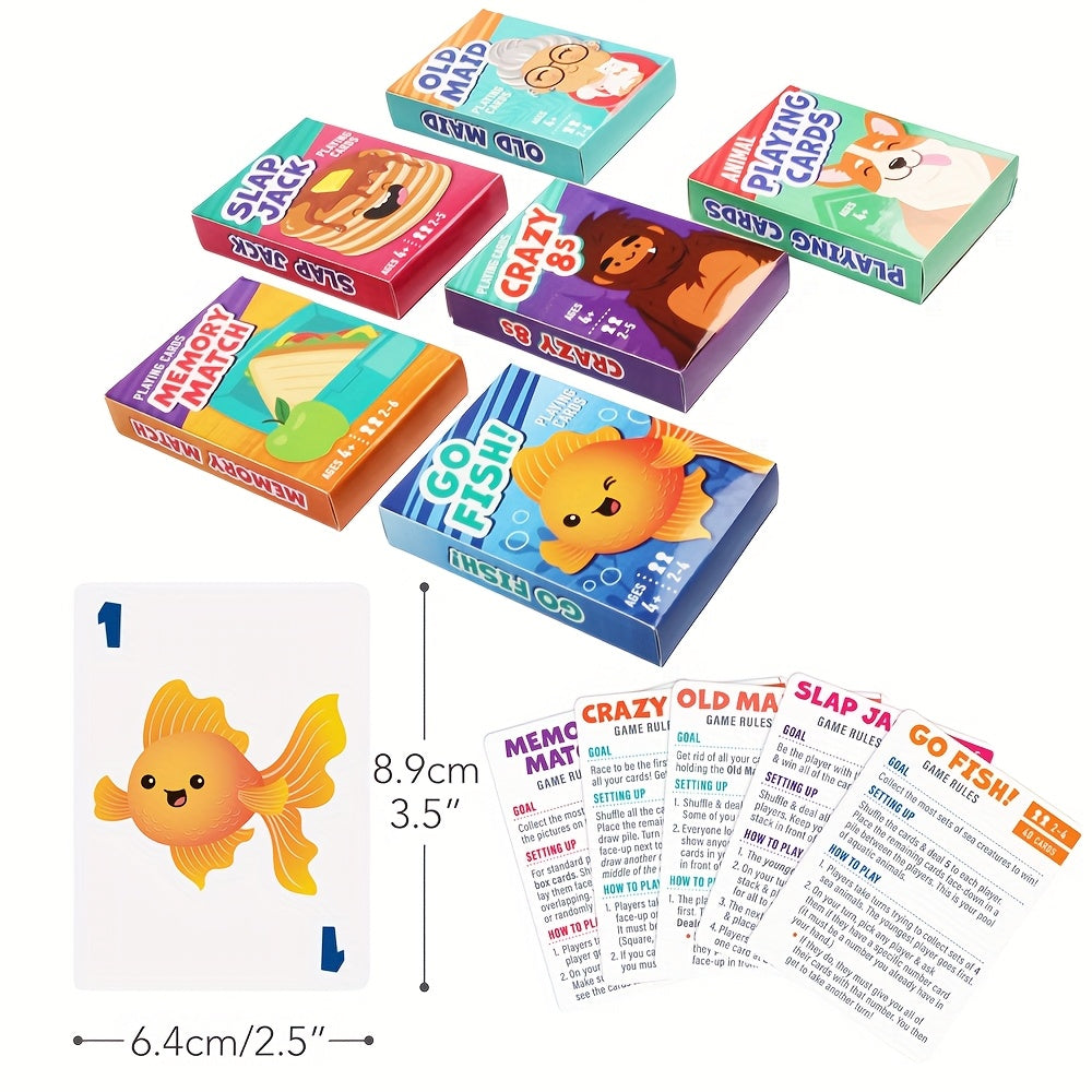 6-in-1 Kids Card Games Set Go Fish Old Maid Crazy Eights Memory Match Slap Jack Animal Cards 6 Decks Family Game Night Ages 4+ Birthday Gift