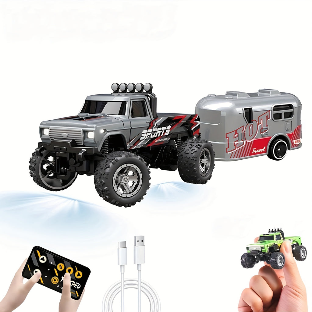 Mini RC Truck 1:64 Scale 2.4GHz Off-Road Alloy with Trailer Body Lights Headlights Adjustable Speed Crawler Collectible Holiday Gift Boys
