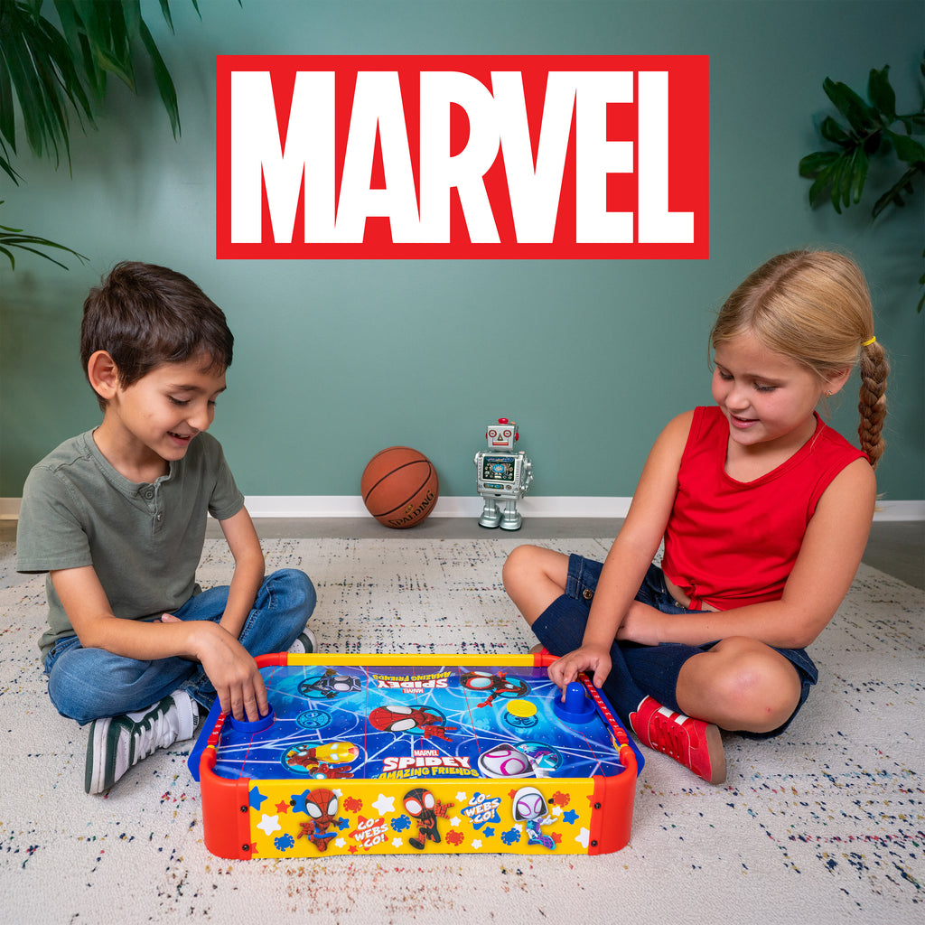 Tabletop Air Hockey Game for Kids Marvel Spidey and His Amazing Friends – Officially Licensed Wood Air Hockey Table, Manual Score Tracker, Family Game Night Gift Boys Girls Ages 3+