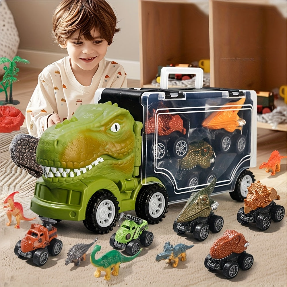 Dinosaur Truck Toy Car Set T-Rex Vehicle Playset for Boys Kids Toddlers with Dinosaur Figures Birthday Gift Ages 3+