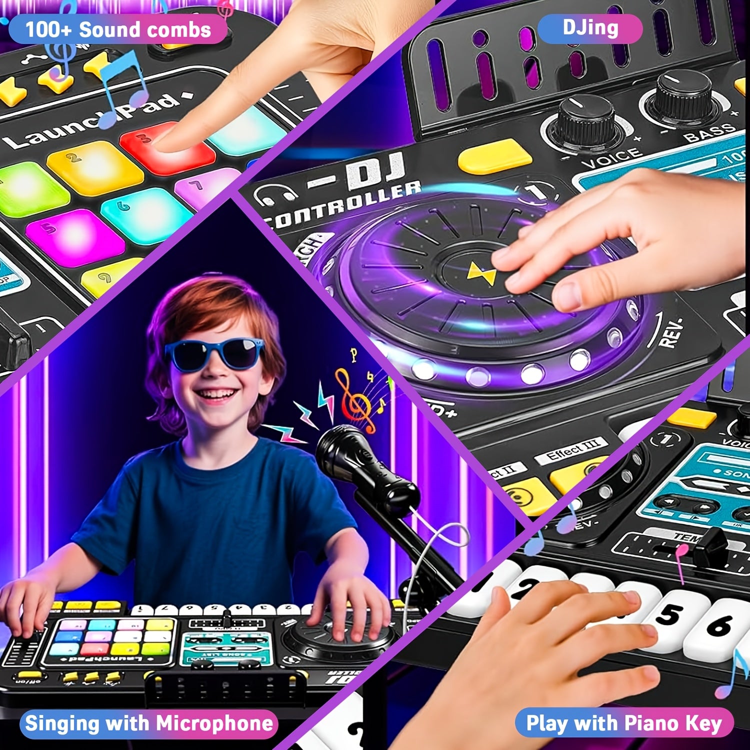 Kids DJ Mixer Toy Set with LED Lights Microphone Piano Keys 100+ Sound Effects Rechargeable Interactive Music Controller for Boys Girls Birthday Gift