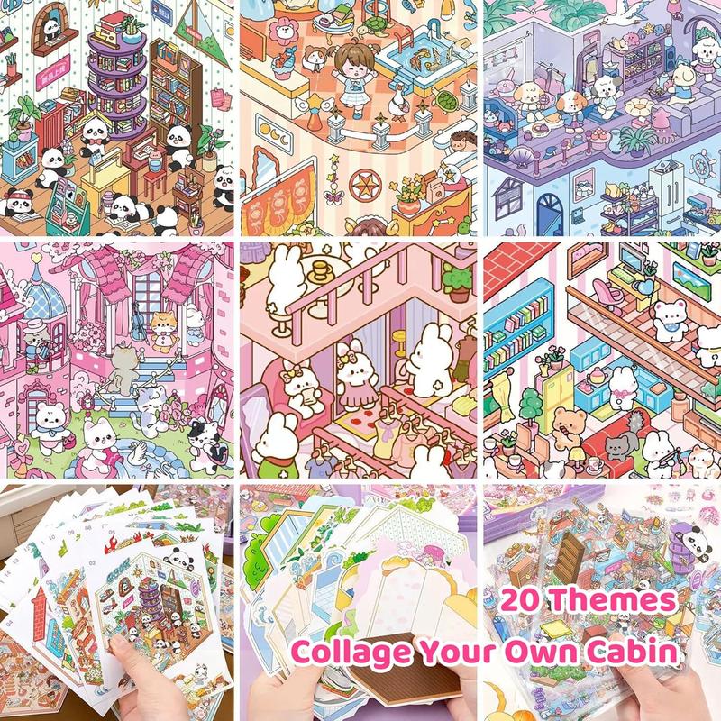 3D Sticker Scene Kit for Kids, 20 DIY Mini Shop and House Sticker Sets with Cute Cartoon Animals and Tweezers for Creative Craft Gifts