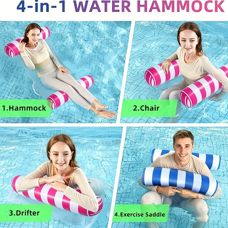 Jixiangyu 4-in-1 Adult Inflatable Pool Float - Hammock Lounger Raft & Exercise Saddle, Striped Floating Bed for Pool Lake Beach, Blue Navy Blue Rose Red