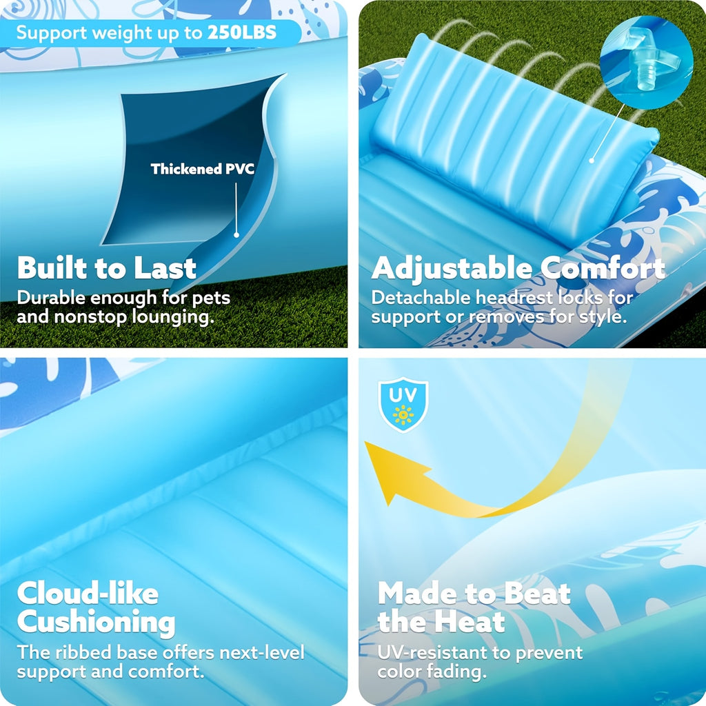 Inflatable Tanning Pool Lounger Float – 4-in-1 Sun Tan Tub Pool Float Raft with Water Fill, Pillow & Cup Holder, Sunbathing Lounge Mat for Adults, Large