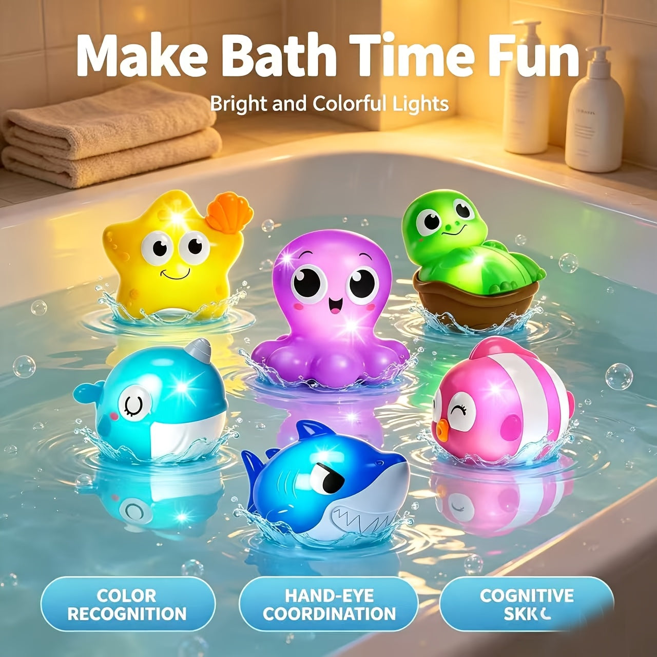 Light-Up Sea Animal Bath Toys 8 or 10 Pcs – Glowing Ocean Animal Bathtub Toys for Baby & Toddlers, Water Pool Toys for Boys & Girls, Random Colors, Fun Kids Gift
