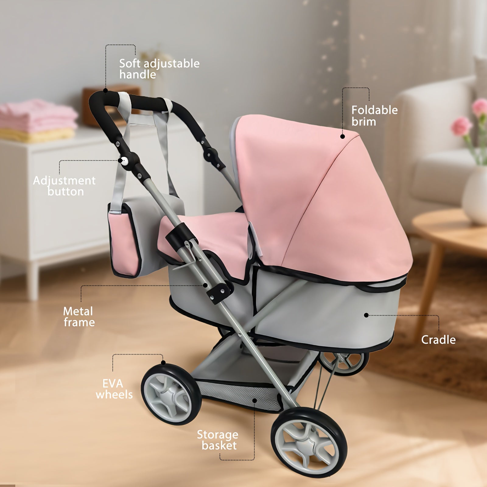 Foldable Doll Stroller for 16-20 Inch Dolls with Adjustable Handle Storage Basket & Shoulder Bag – Caregiver Role Play Toy Gift for Girls Gray Pink