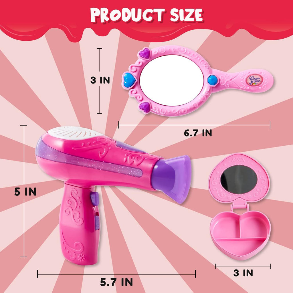 Girls Beauty Salon Set 17pcs Pretend Play Hair Stylist Toy Kit with Hairdryer Mirror Curling Iron Kids Ages 3+ Birthday Christmas Gift