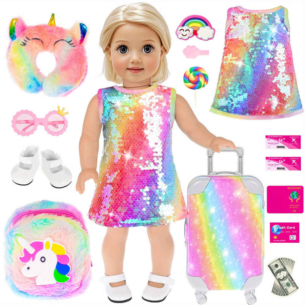 24 Piece Doll Travel Set for 18 Inch Dolls – Suitcase Dress Shoes Handbag Glasses Passport Hairband Pillow Accessories Kit No Doll Girls Ages 3+ Birthday Christmas Gift