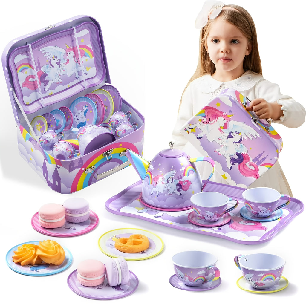 Unicorn Tea Party Set for Girls, Purple Tin Teapot Cups & Plates Pretend Play Kitchen Toy, Birthday Easter Gift for Toddlers Girls Ages 3+