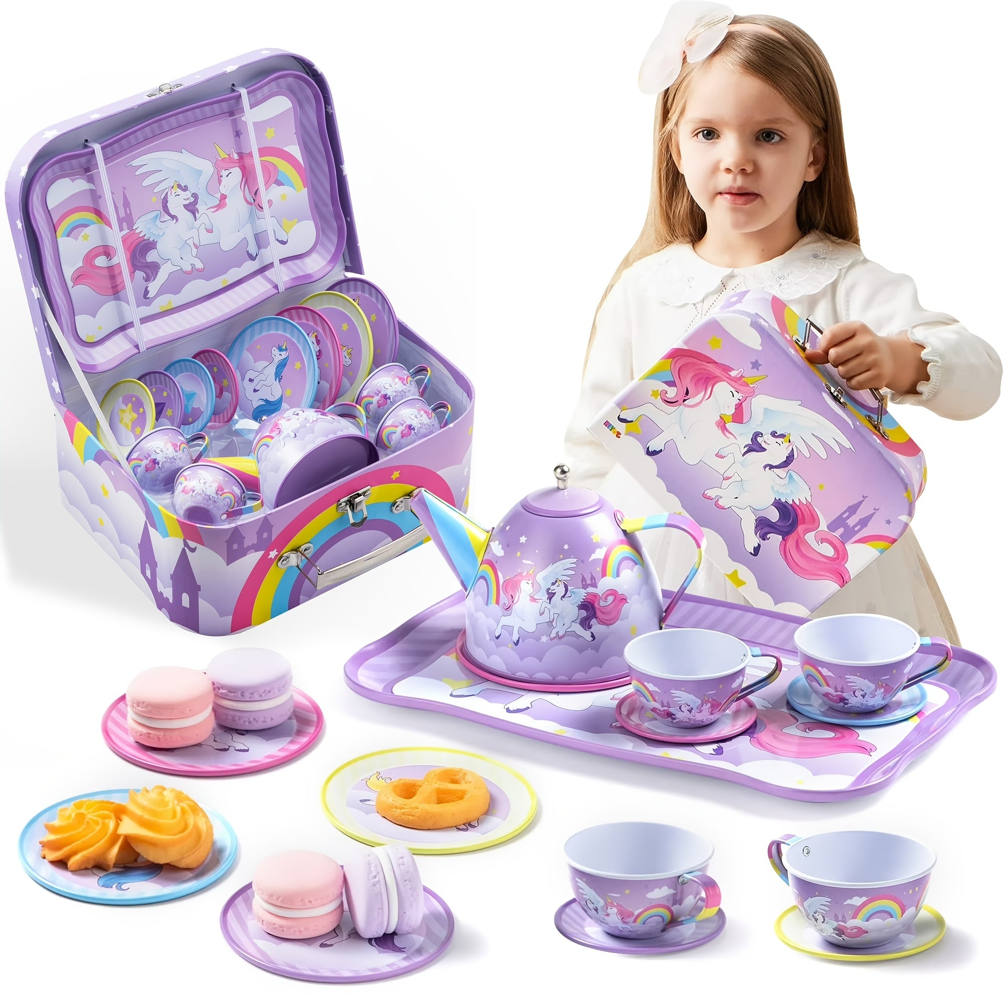 Unicorn Tea Party Set for Girls, Purple Tin Teapot Cups & Plates Pretend Play Kitchen Toy, Birthday Easter Gift for Toddlers Girls Ages 3+